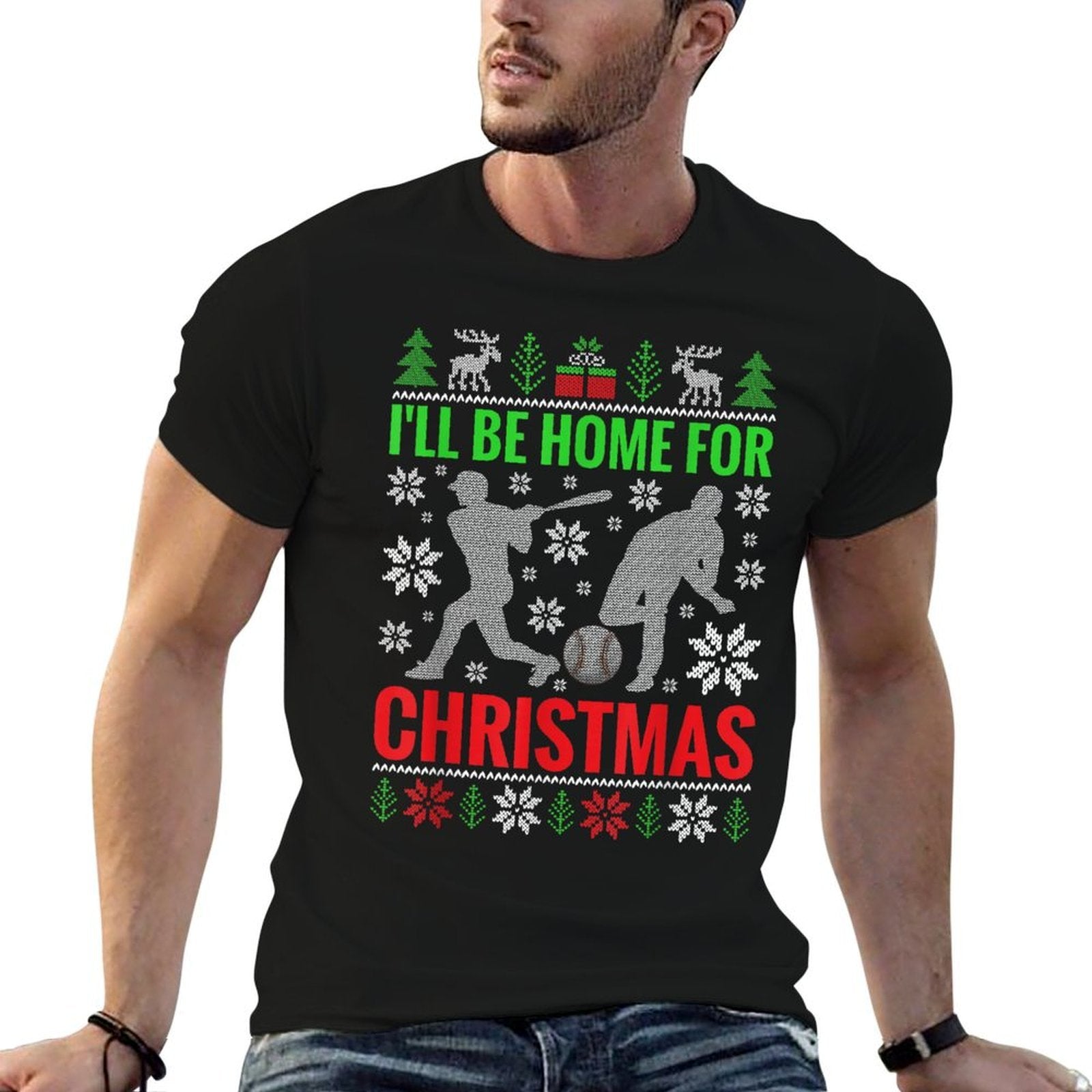 Ill Be Home for Christmas Baseball Funny Xmas  Trendy Pattern T-Shirt
