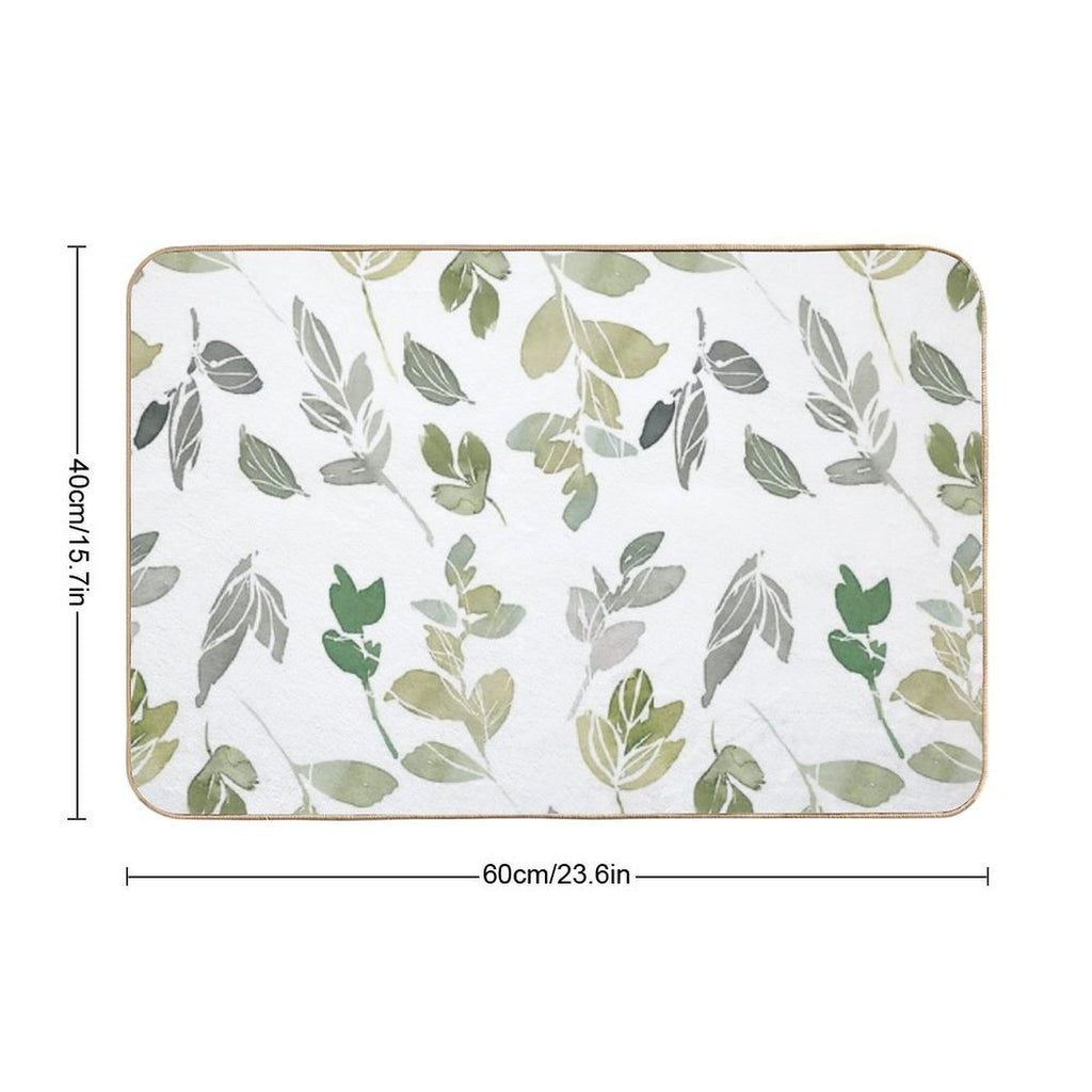 White Watercolor Leaves Pattern  Non-Slip Bath Mat