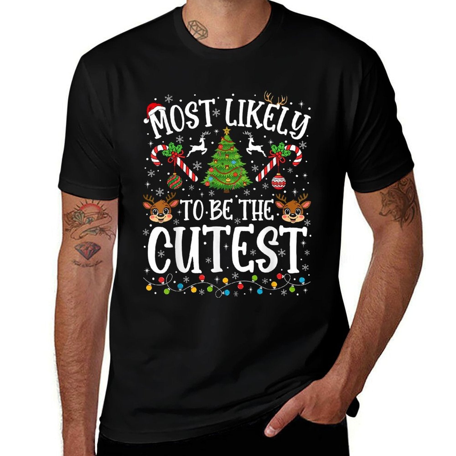 Most Likely to Be The Cutest Christmas Matching Family Funny  Ribbed Collar T-Shirt