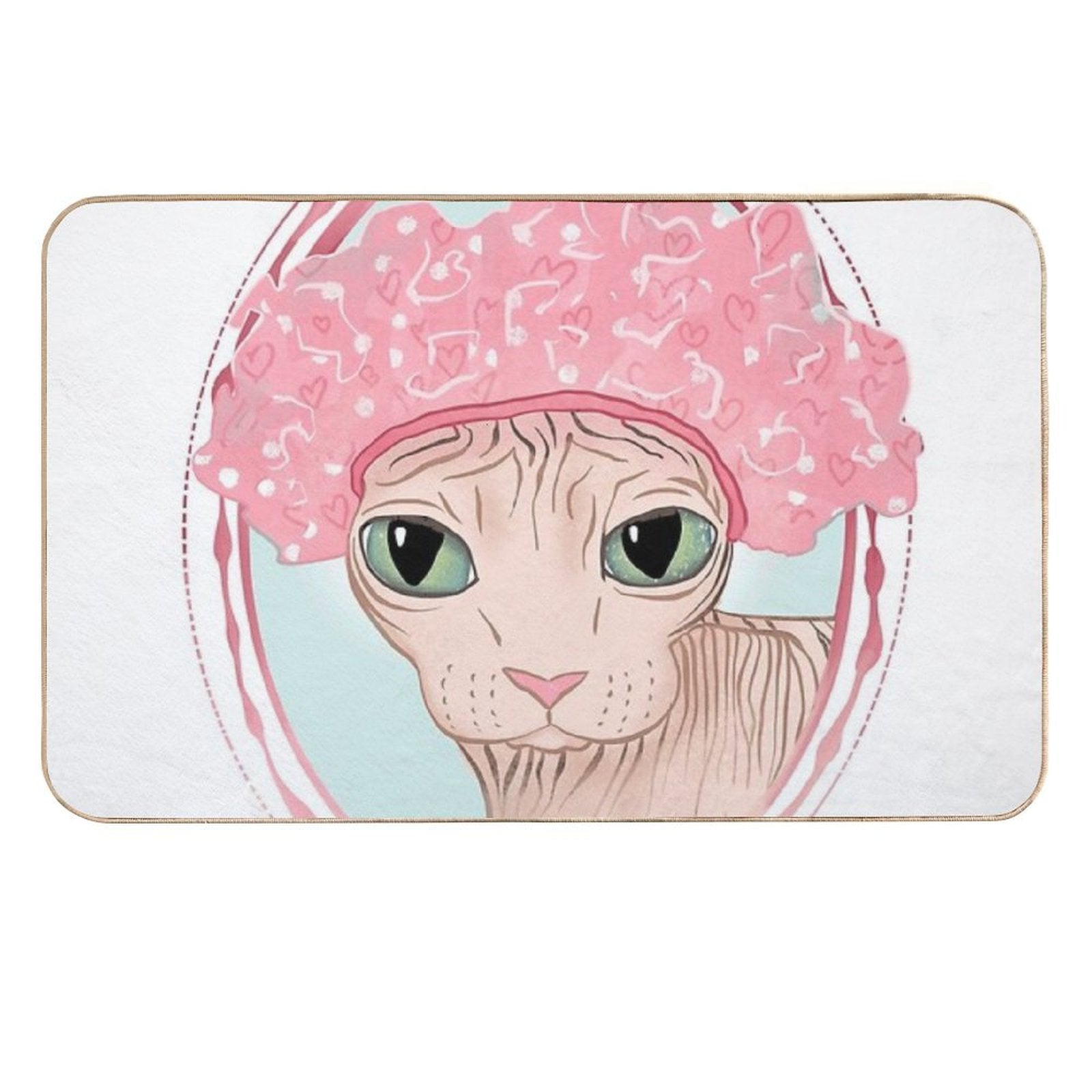 Hairless Sphynx Cat Wearing A Pink Shower Cap  Absorbent Bath Mat