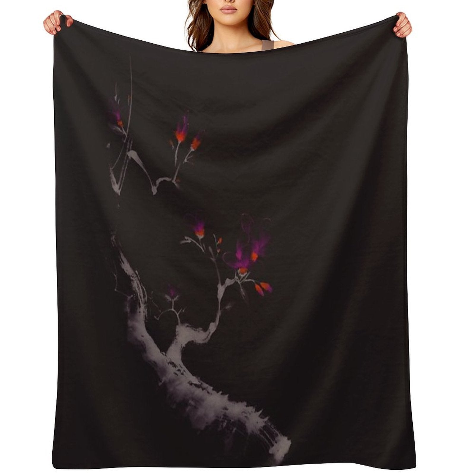 Enchanting Oriental Artwork of A Budding Sakura Branch with Deep Violet Flowers Art Print Travel-friendly Throw Blanket