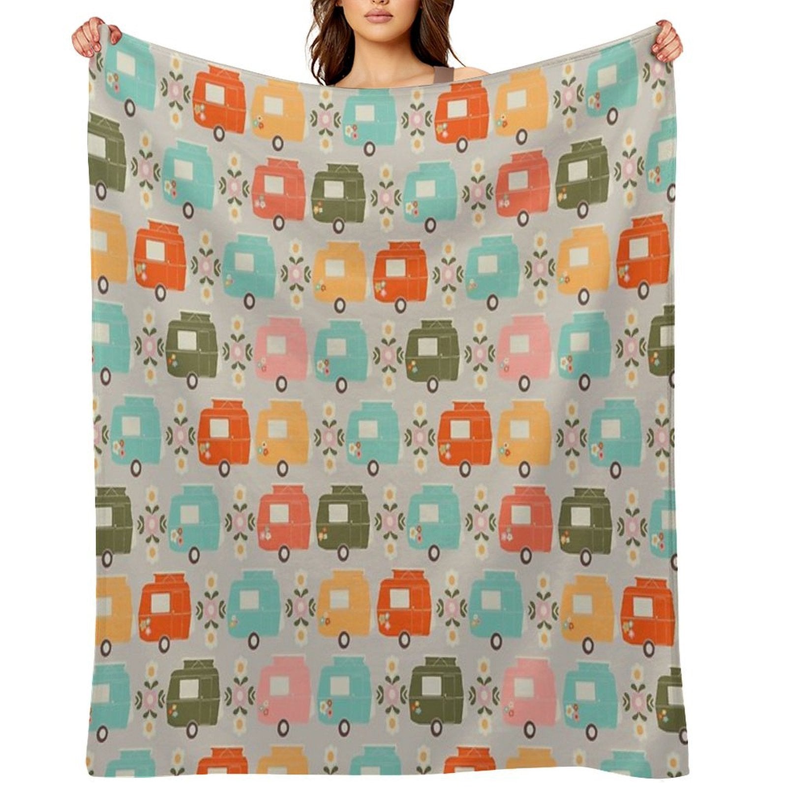 Colourful Vintage Caravans And Daisies Lightweight Throw Blanket