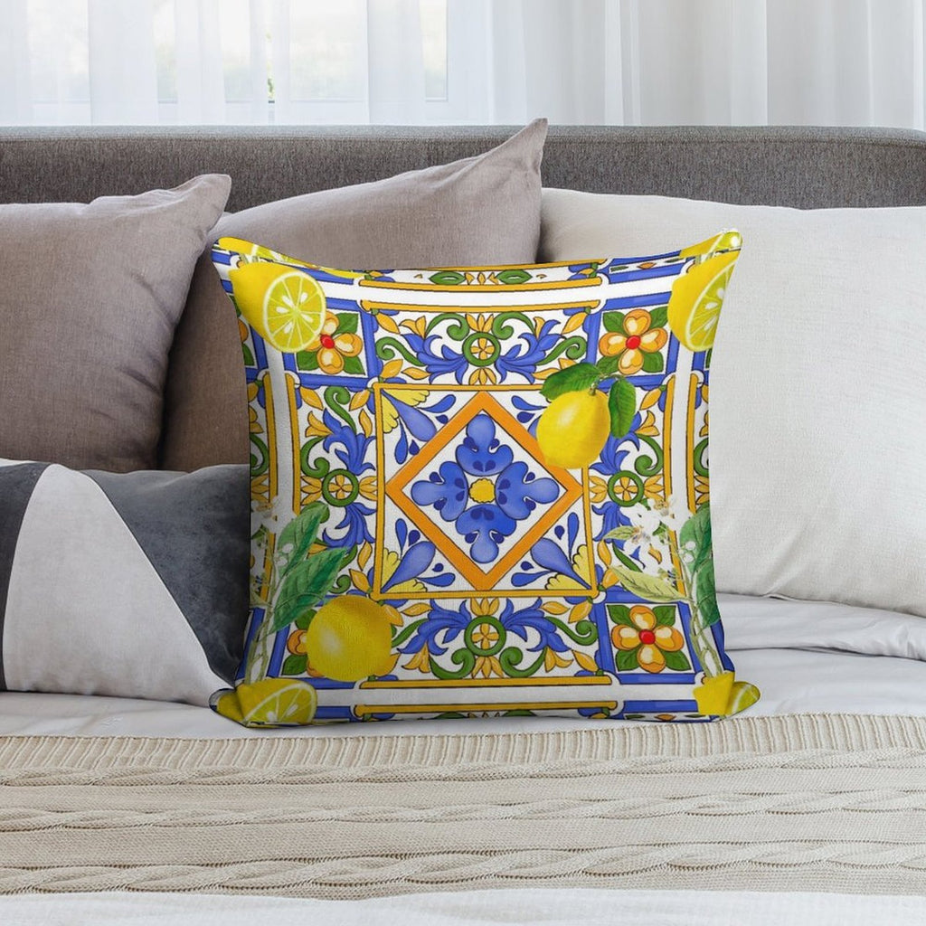 Summer ,Sicilian Tiles ,citrus,oranges,majolica,lemons ,Mediterranean Soft Easy Maintenance Throw Pillow