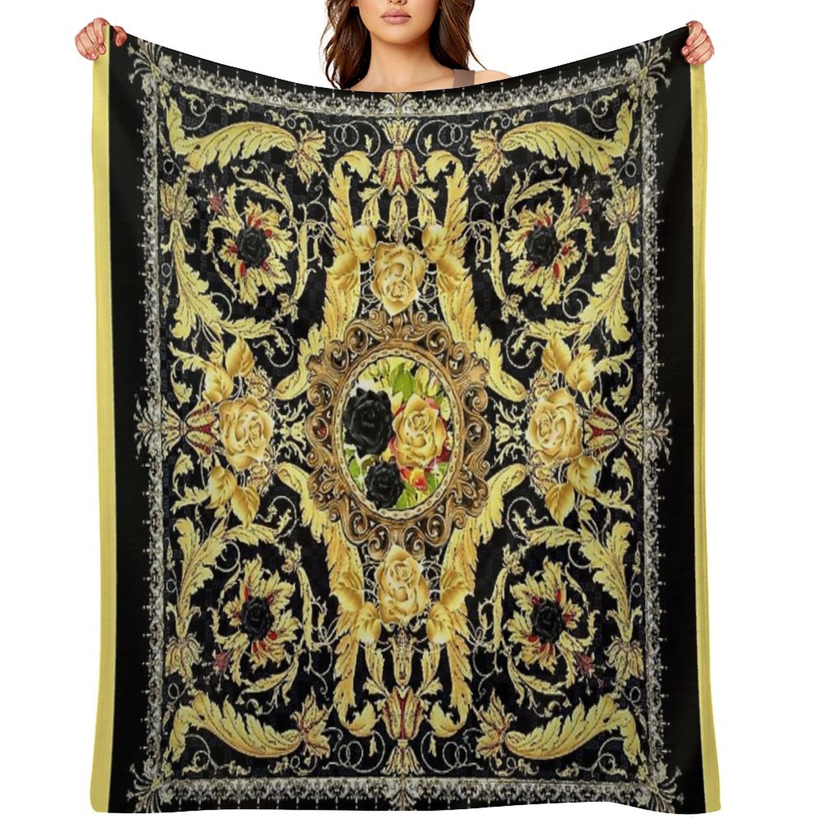 Black Roses And Vintage Baroque Italian  Jewelled Scroll Digital Art Edit Mysticladyart Premium Throw Blanket