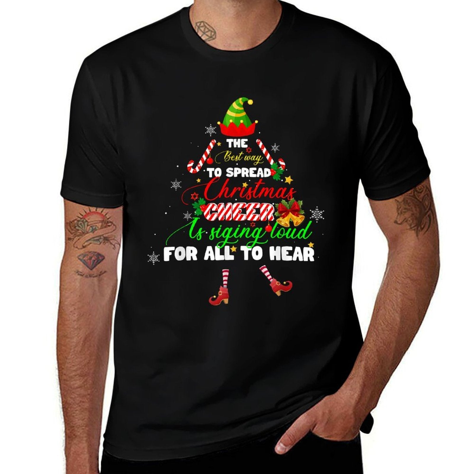 Spread Christmas Cheer Is Singing Loud Elf Pajamas Xmas  Ribbed Collar T-Shirt
