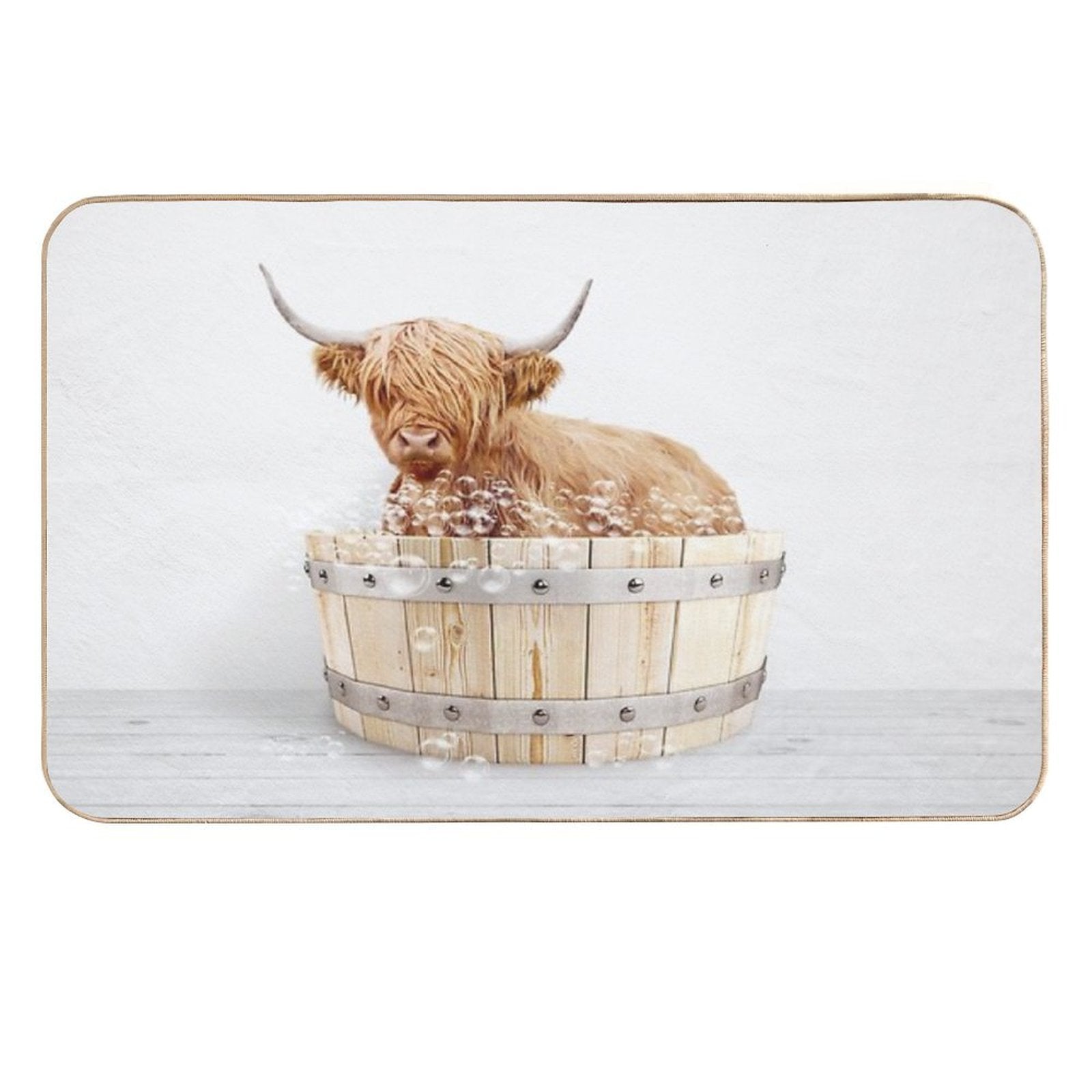 Highland Cow in Wooden Bathtub, Cow Taking A Bath, Cow Bathing, Bathtub Animal Art Print By Synplus  Absorbent Bath Mat