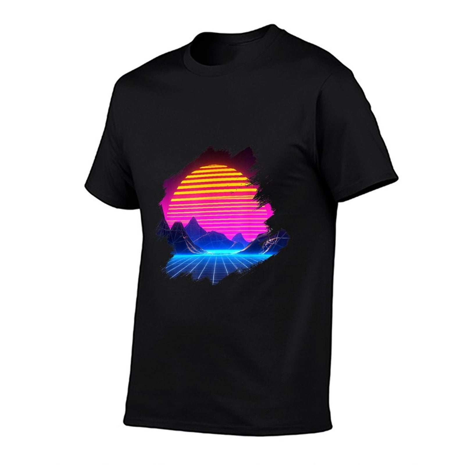 Sunset Over Canyon And Grid Mountains Landscape Synthwave  High-quality Stitching T-Shirt