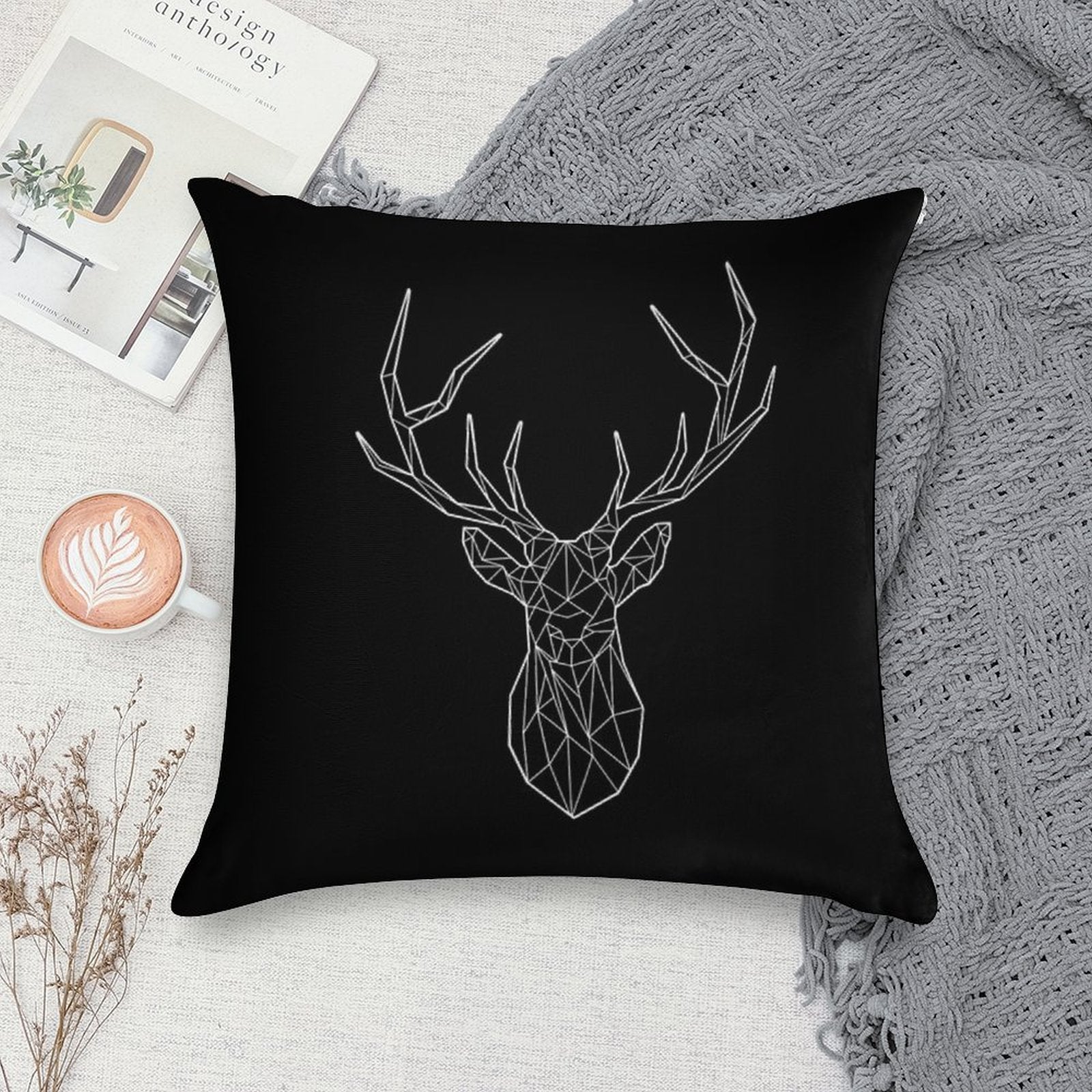 Geometric Stag - BLACK Soft Fade-Resistant Throw Pillow