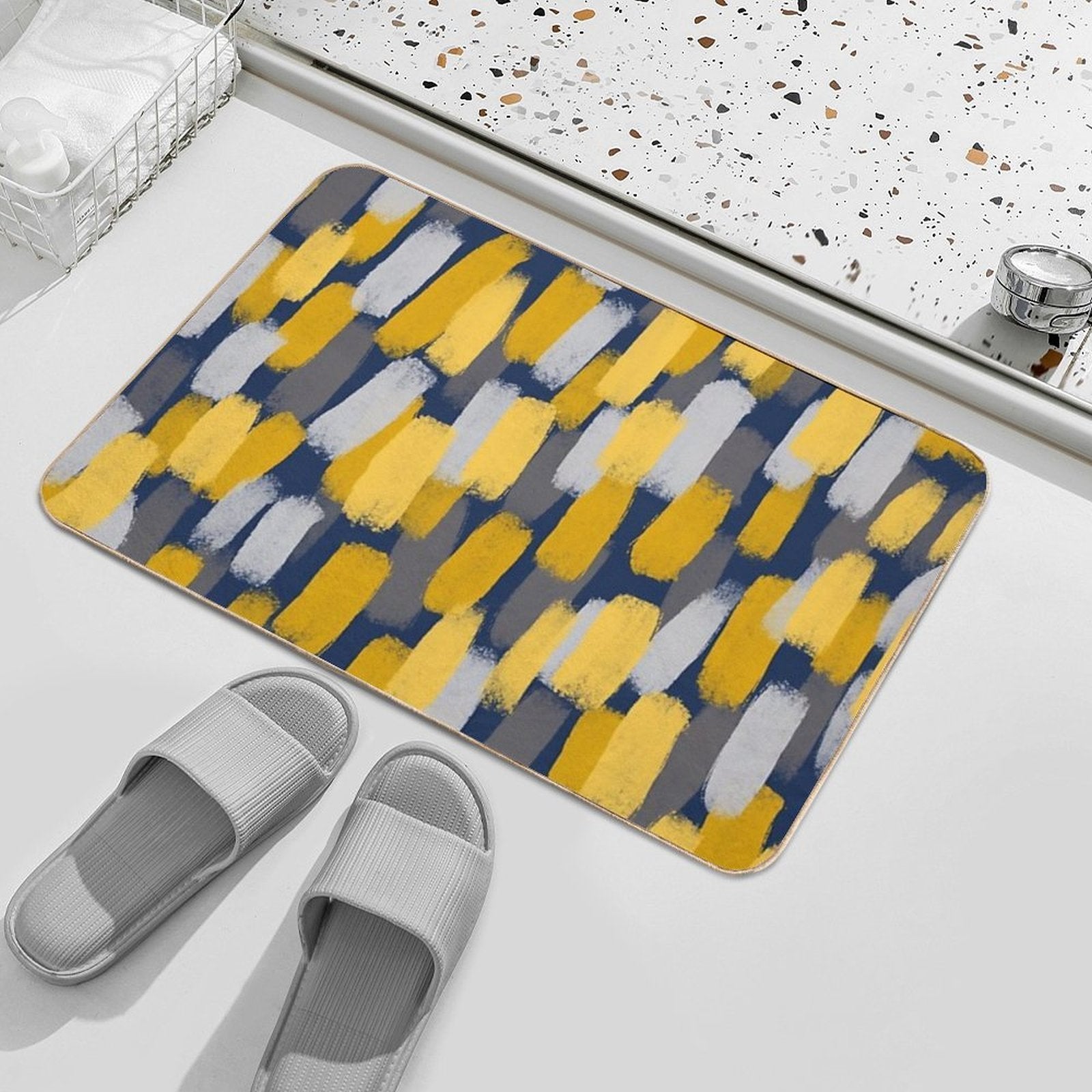 Abstract Grey And Mustard Yellow Paint Brush Effect on Navy Blue  Stain-Proof Bath Mat
