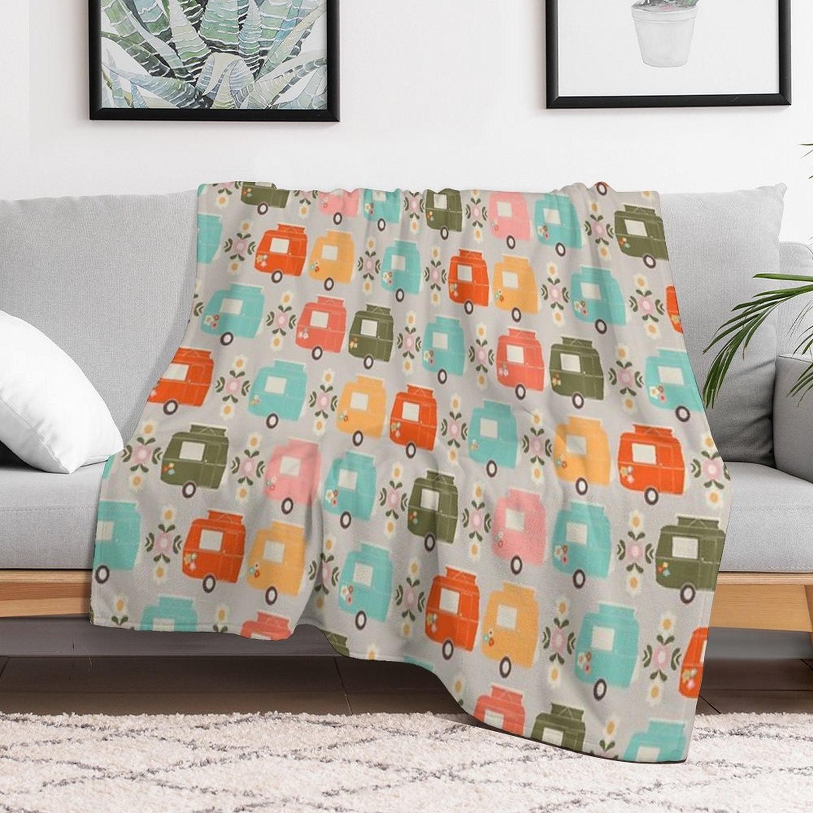 Colourful Vintage Caravans And Daisies Shrink-resistant Throw Blanket