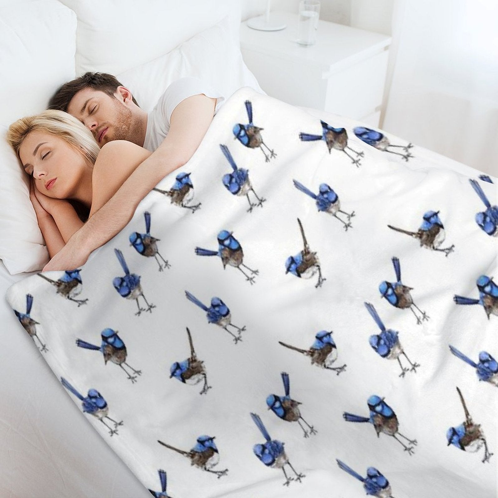 Blue Wrens, Scattered on White Travel-friendly Throw Blanket