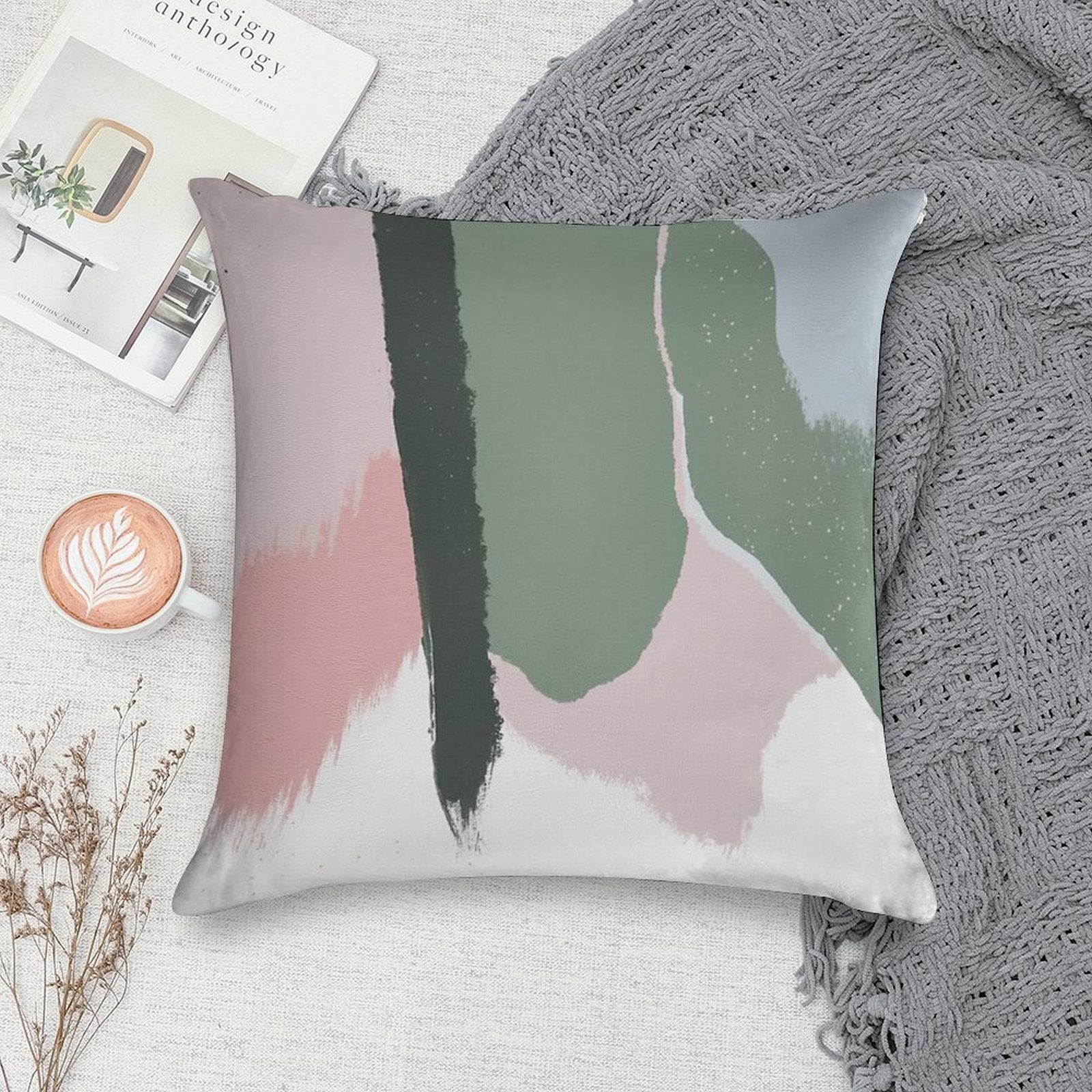 Abstract Art Paint Brush Strokes in Blush Pink & Sage Green Soft Easy Maintenance Throw Pillow