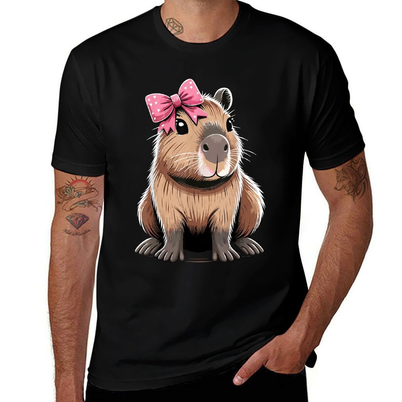 Cute Gifts for Capybaras Lover Capybara with Pink Ribbon Bow Unisex-Child  Ribbed Collar T-Shirt