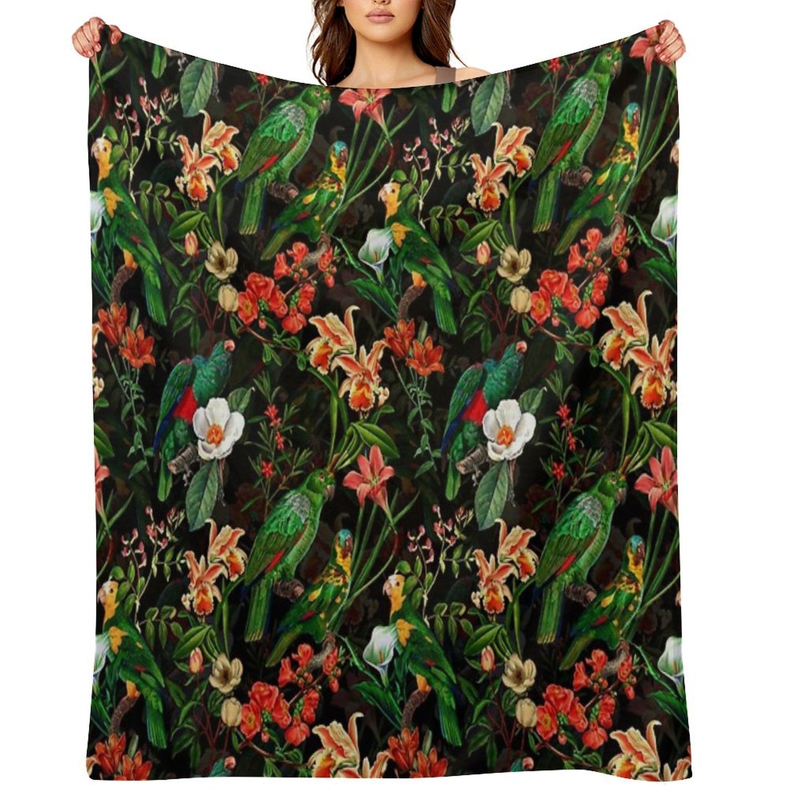 Pierre Joseph Redoute Tropical Vintage Jungle Flowers And Parrots Nostalgic Mystic Botanical Night Garden Pattern Nightgarden Anti-pilling Throw Blanket