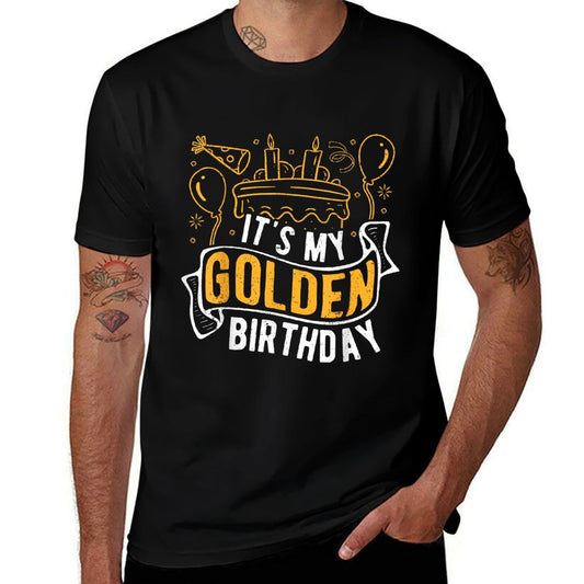 IT'S MY Golden Birthday Celebration Party Birth Golden Fan  Rolled Sleeves T-Shirt