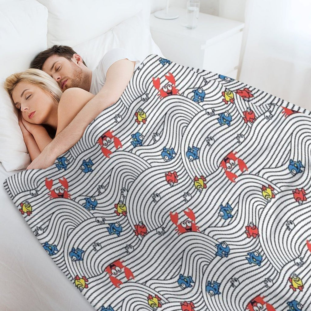 Grafic Waves from Stripes with Fish And Crabs. Sea Seamless Pattern. Premium Throw Blanket