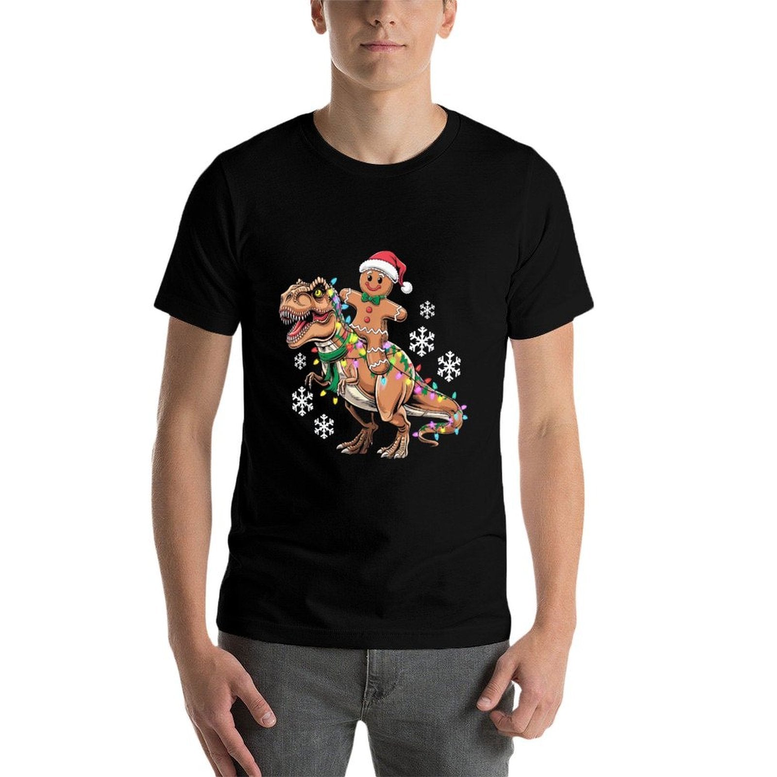 Funny Gingerbread Man Cookie Riding T-Rex Dinosaur Christmas  High-quality Stitching T-Shirt