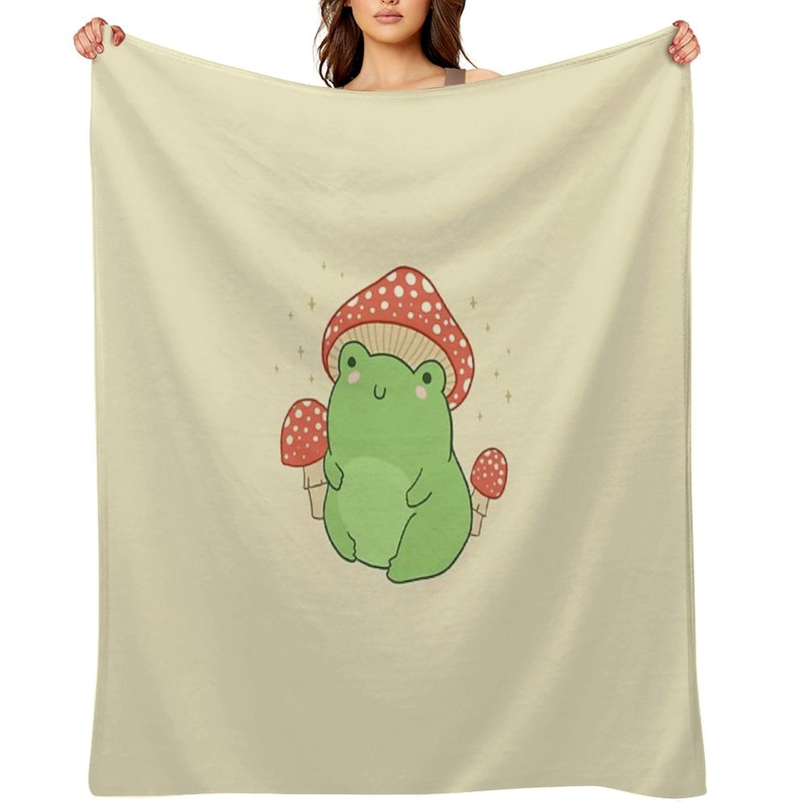Kawaii Frog with Mushroom Hat Cottagecore Aesthetic Froggy, Chubby Toad in Forest Themed Fantasy Toadstools Plush Throw Blanket
