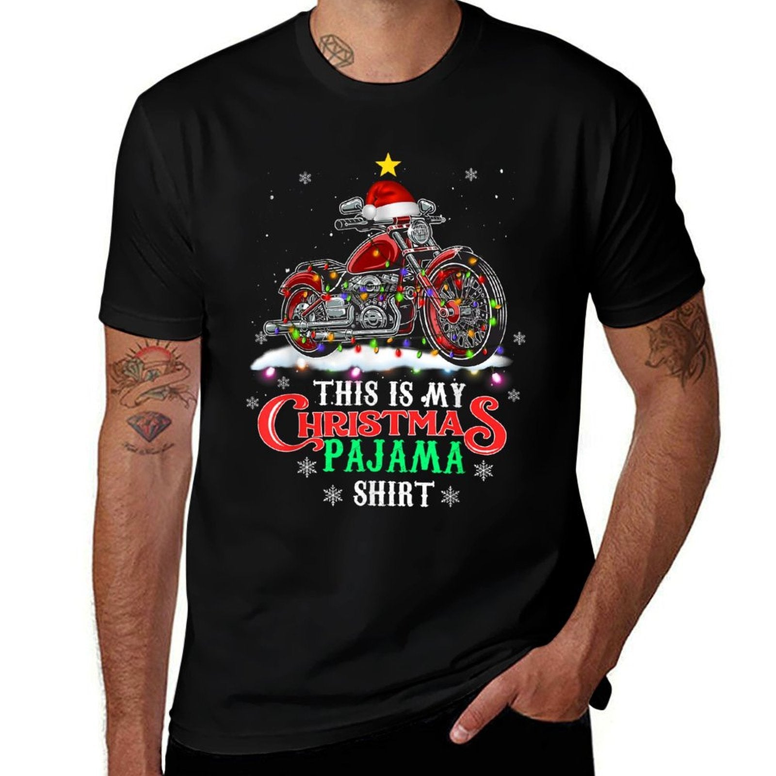 This My Christmas Pajama Funny Motorcycle Santa Hat  Rolled Sleeves T-Shirt