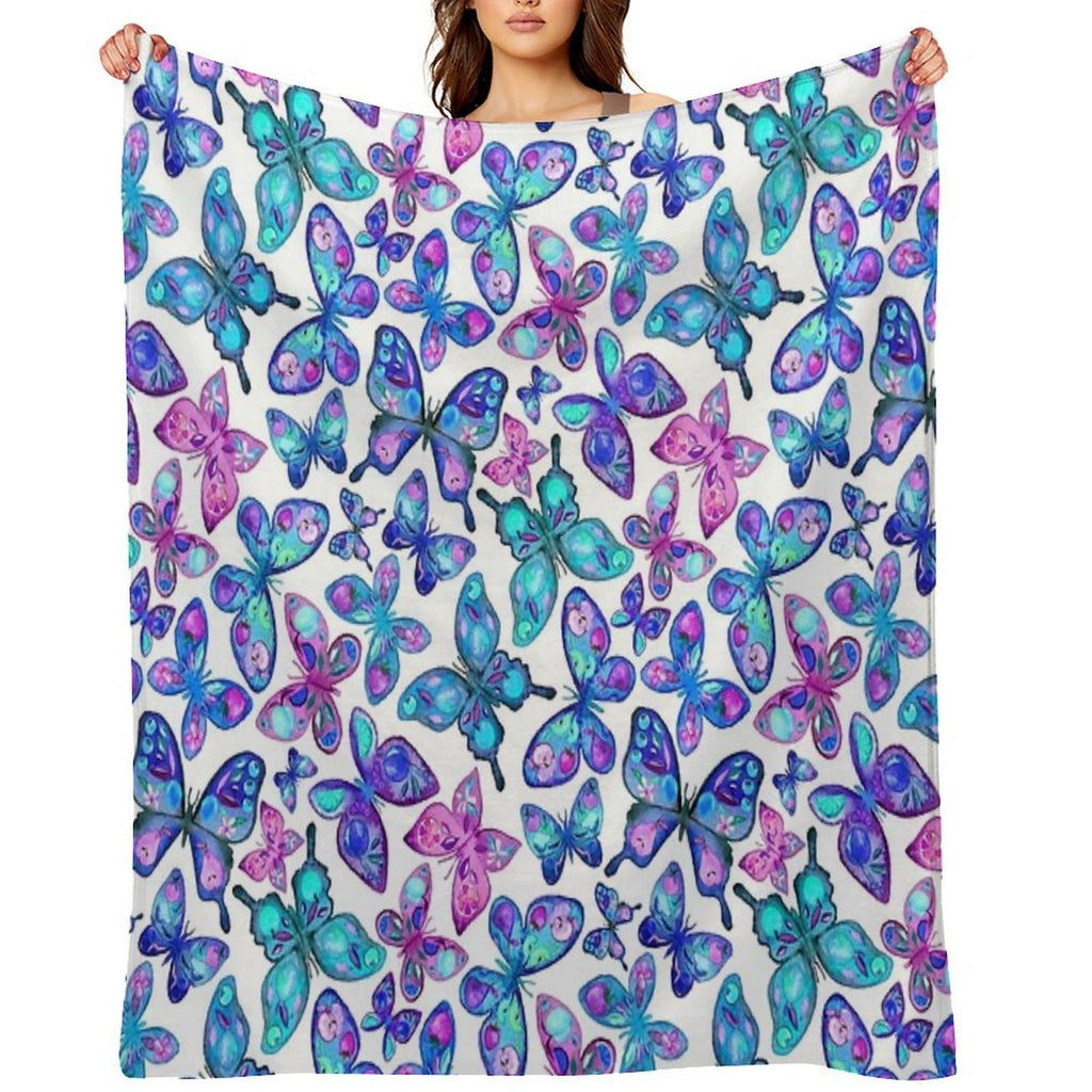 Watercolor Fruit Patterned Butterflies - Aqua And Sapphire Compact Throw Blanket