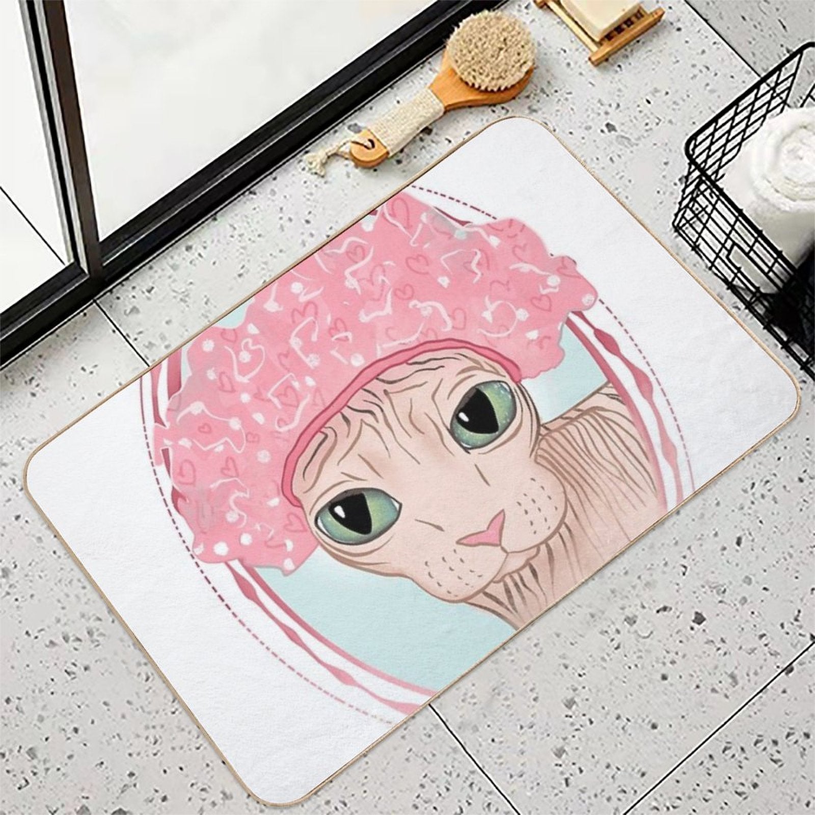 Hairless Sphynx Cat Wearing A Pink Shower Cap  Absorbent Bath Mat