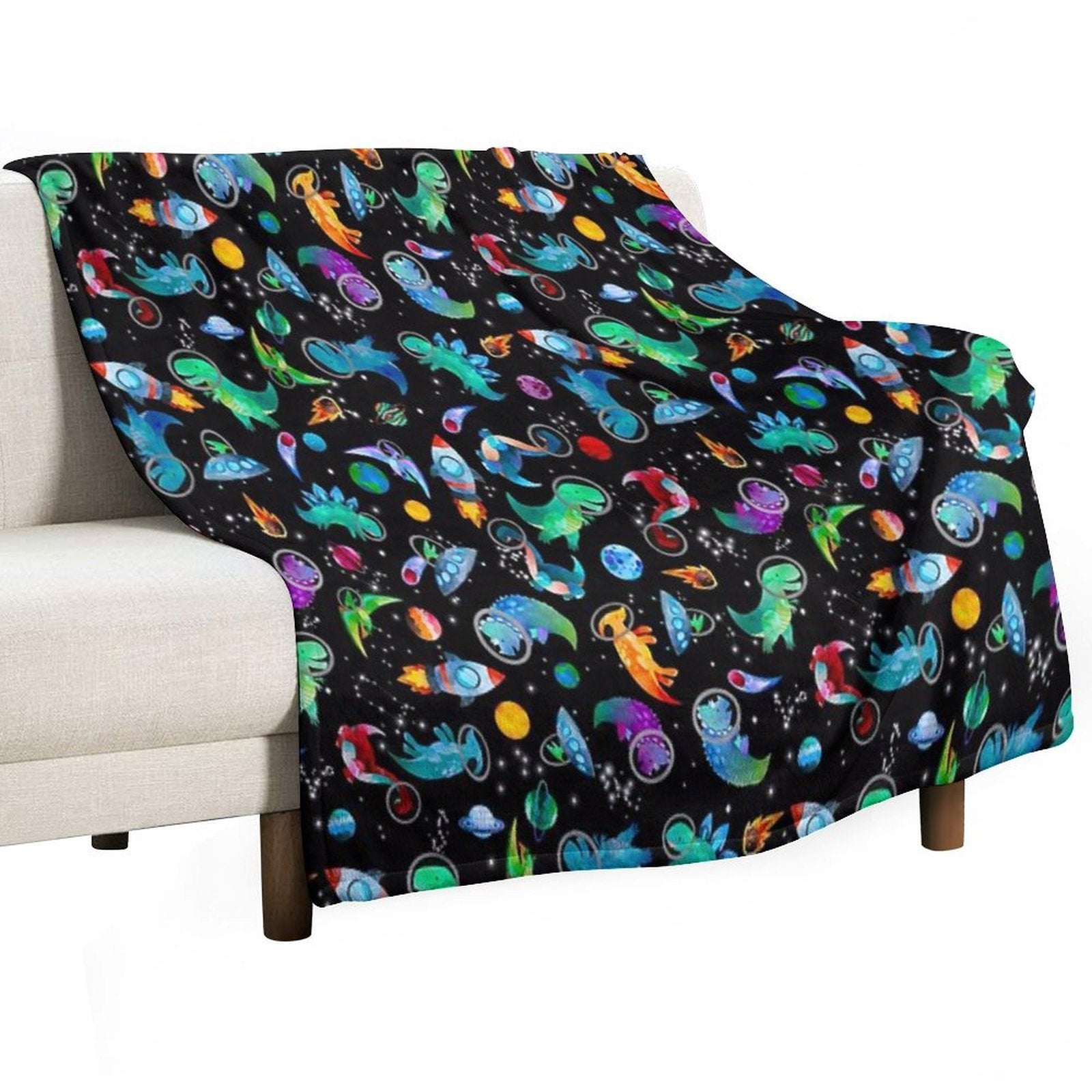Watercolor Space Dinosaurs Galaxy Pattern Compact Throw Blanket