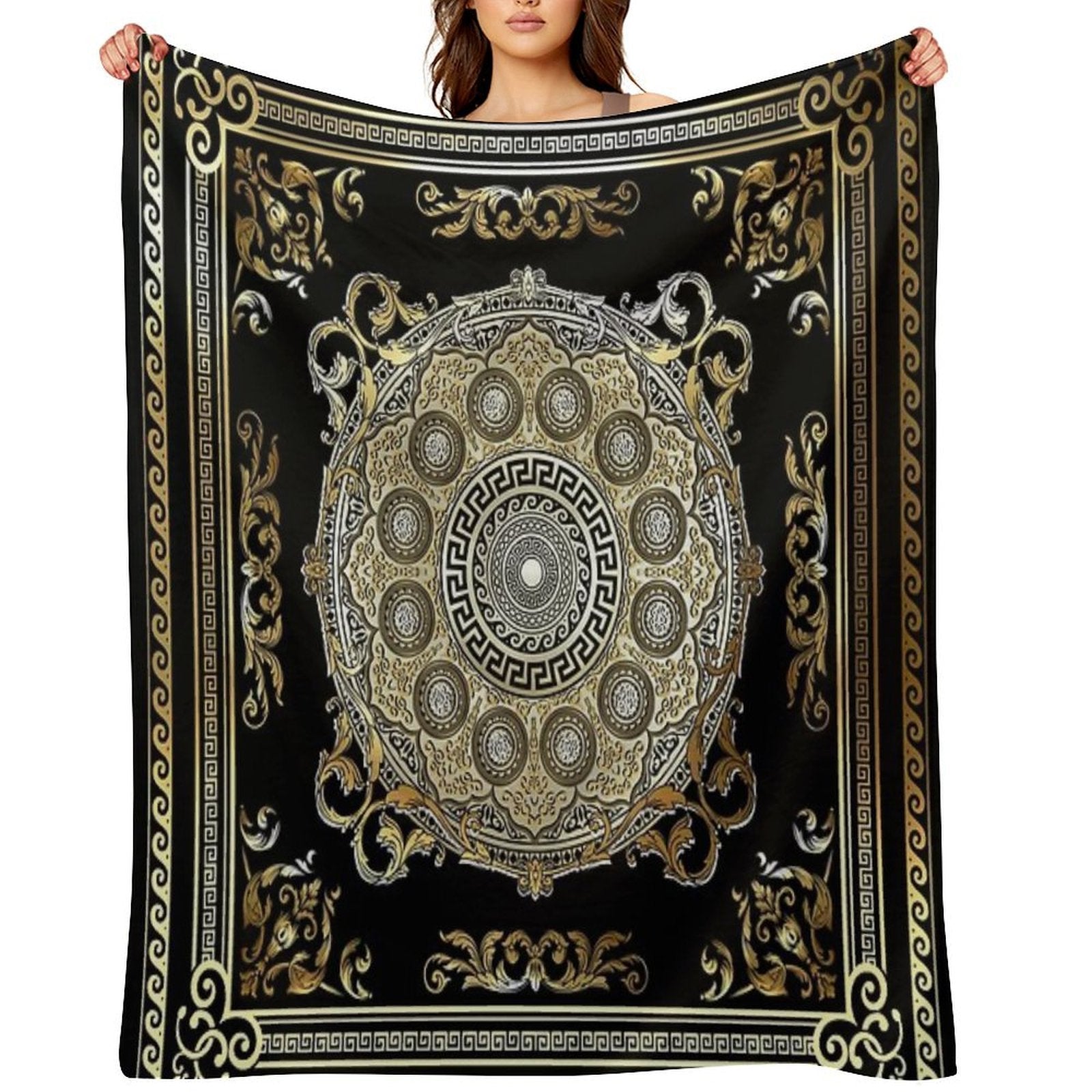 Ornate Baroque Gold Pearl Black Waves Greek Meander Easy Care Throw Blanket