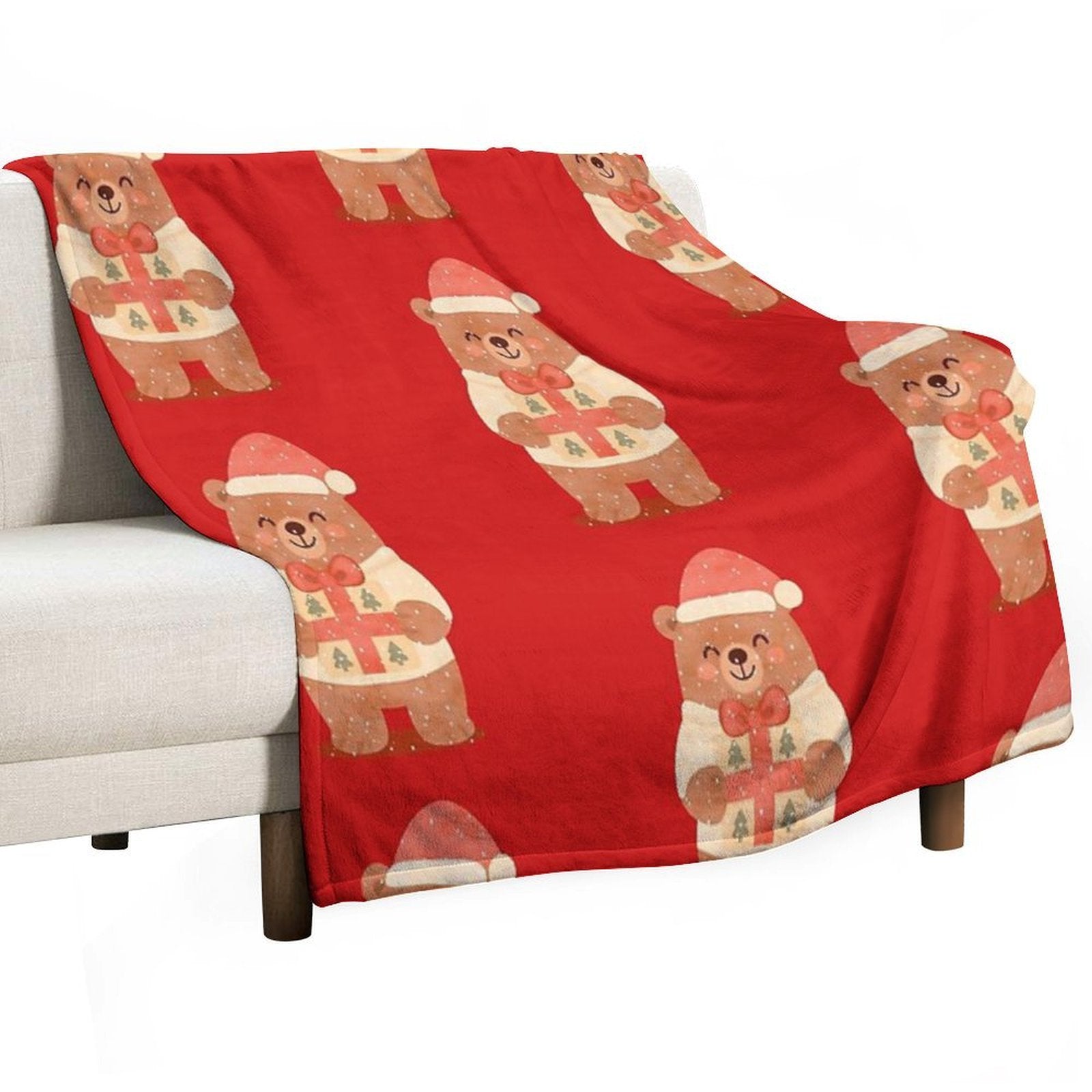 Cute Christmas Bear with Gift – Holiday Winter Illustration Eco-conscious Throw Blanket