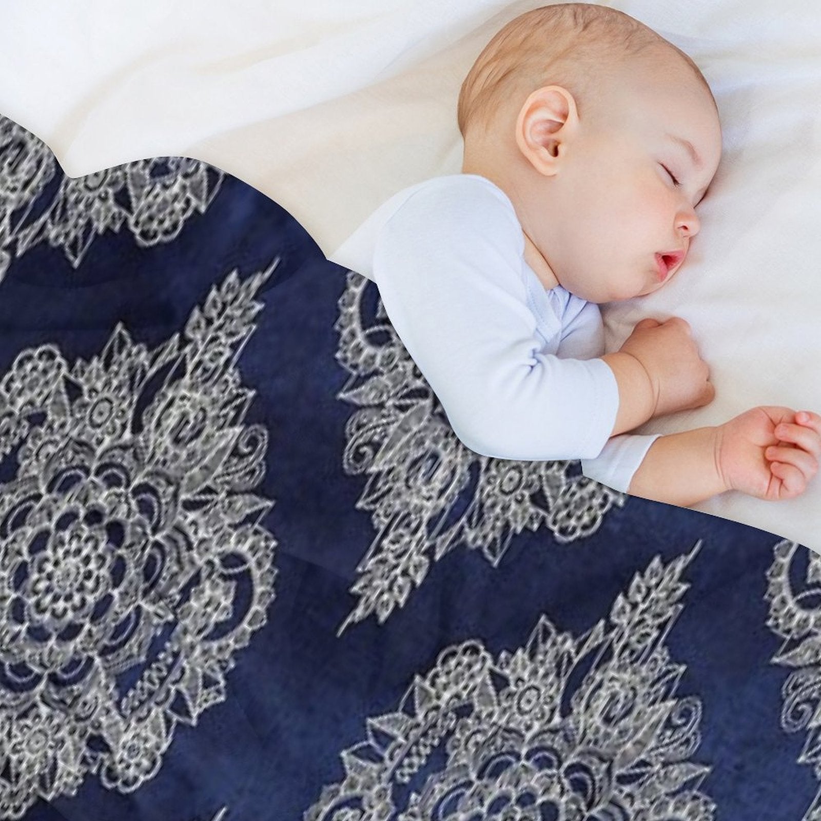 Cream Floral Moroccan Pattern on Deep Indigo Ink Eco-conscious Throw Blanket