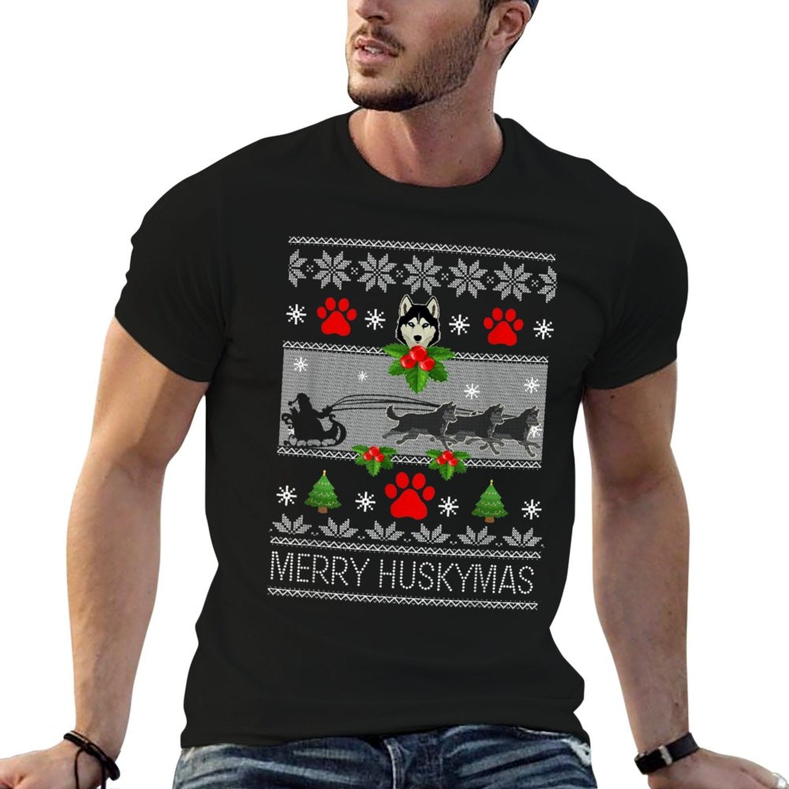 Christmas Siberian Husky Dog Husky Ugly Merry Huskymas  Graphic-printed T-Shirt