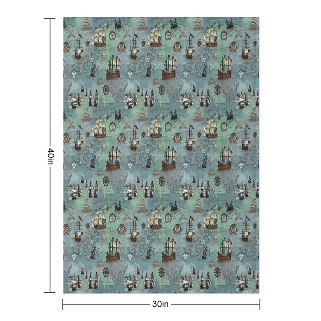 Pirate Map Nautical Sea Print Ocean Blue & Sea Glass Green Sustainable Throw Blanket