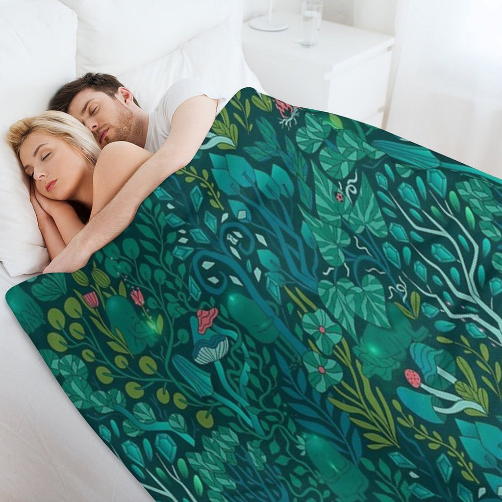 Emerald Forest Keepers. Fairy Woodland Creatures. Tree, Plants And Mushrooms Shrink-resistant Throw Blanket