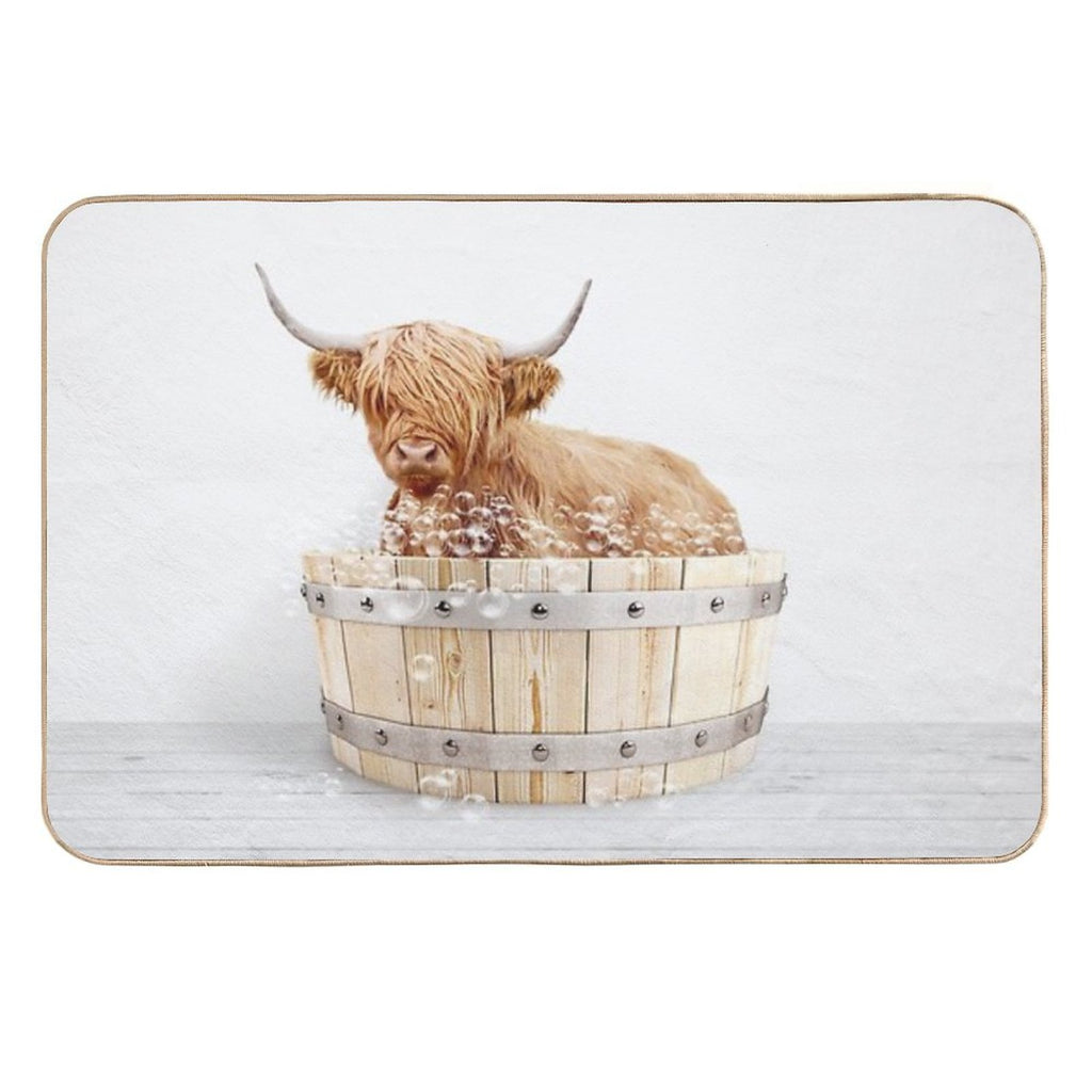 Highland Cow in Wooden Bathtub, Cow Taking A Bath, Cow Bathing, Bathtub Animal Art Print By Synplus  Absorbent Bath Mat
