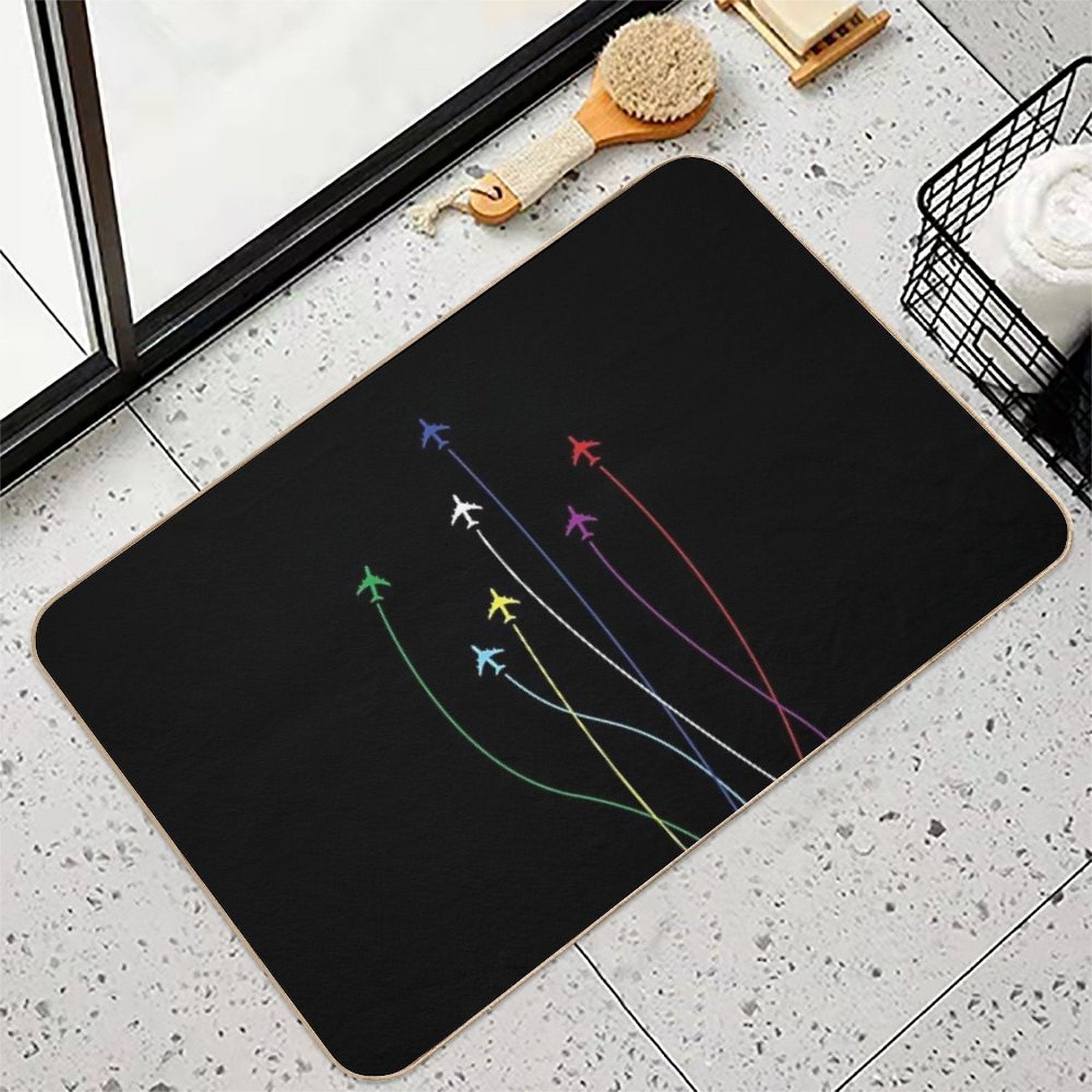 Rainbow Airplanes Flying on Eachother  Easy Maintenance Bath Mat