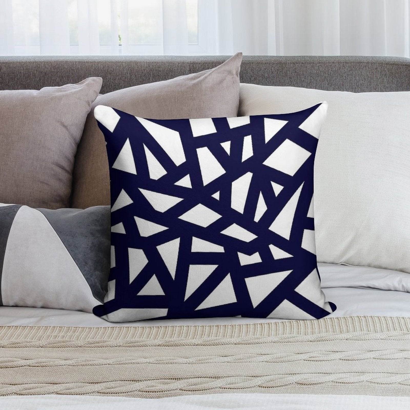 Navy Blue Thick Mosaic Lines On White Soft Luxury Feel Throw Pillow