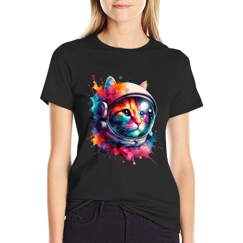 Funny Cat Astronaut Outer Space Watercolor Splash Cat Lover  Heathered Texture T-Shirt