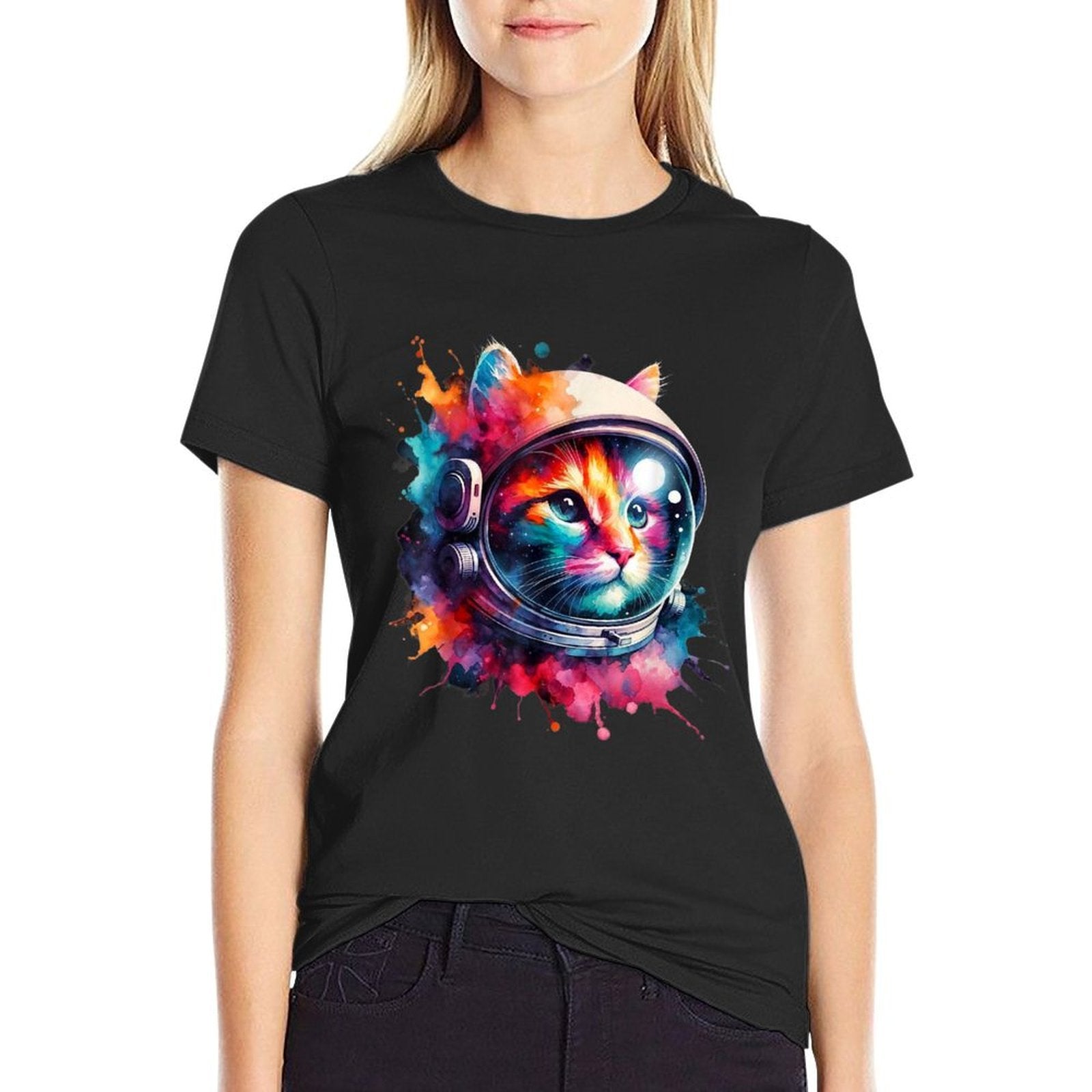 Funny Cat Astronaut Outer Space Watercolor Splash Cat Lover  Heathered Texture T-Shirt