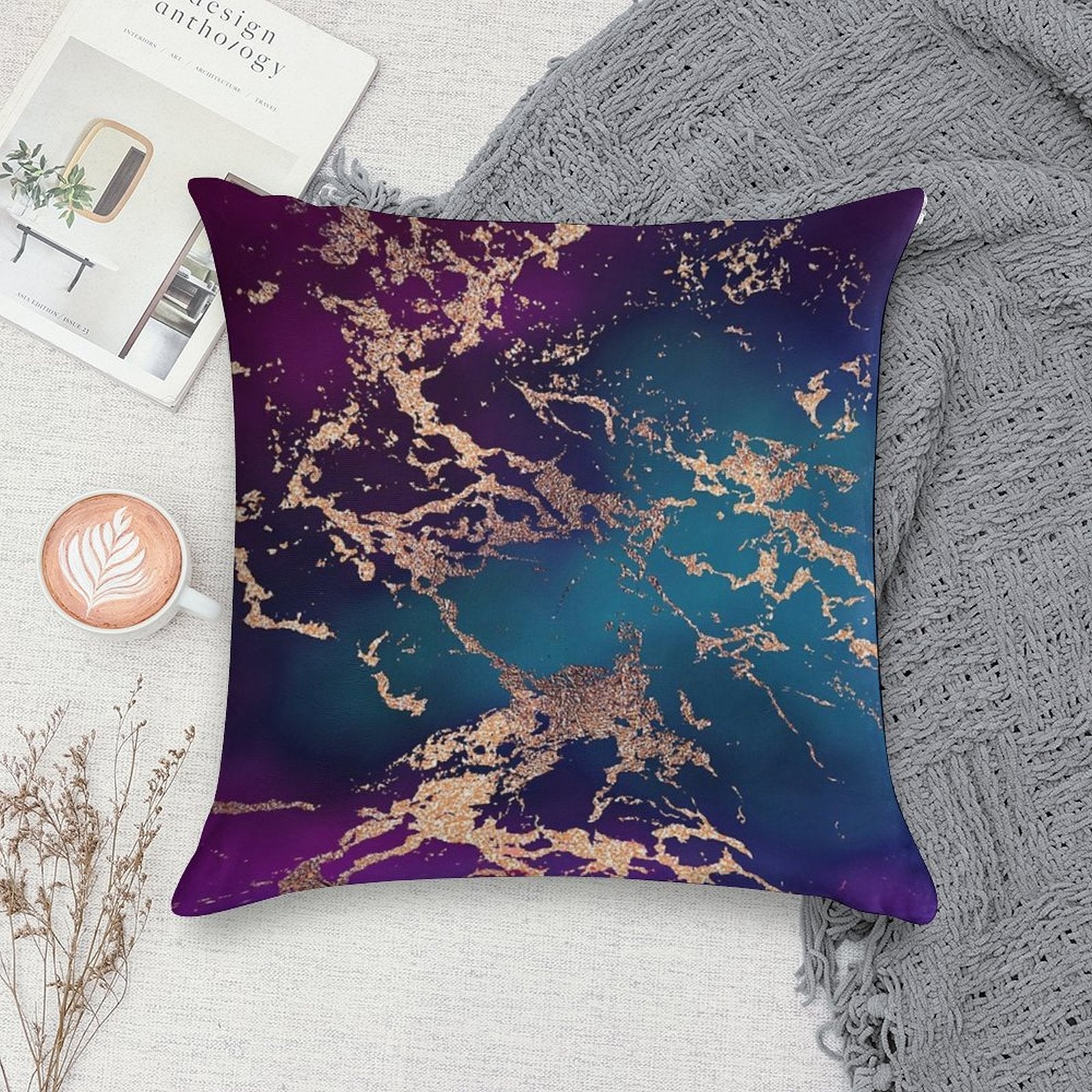 Jewel Tone Rose Gold Marble  Turquoise Blue And Purple Soft Luxury Feel Throw Pillow