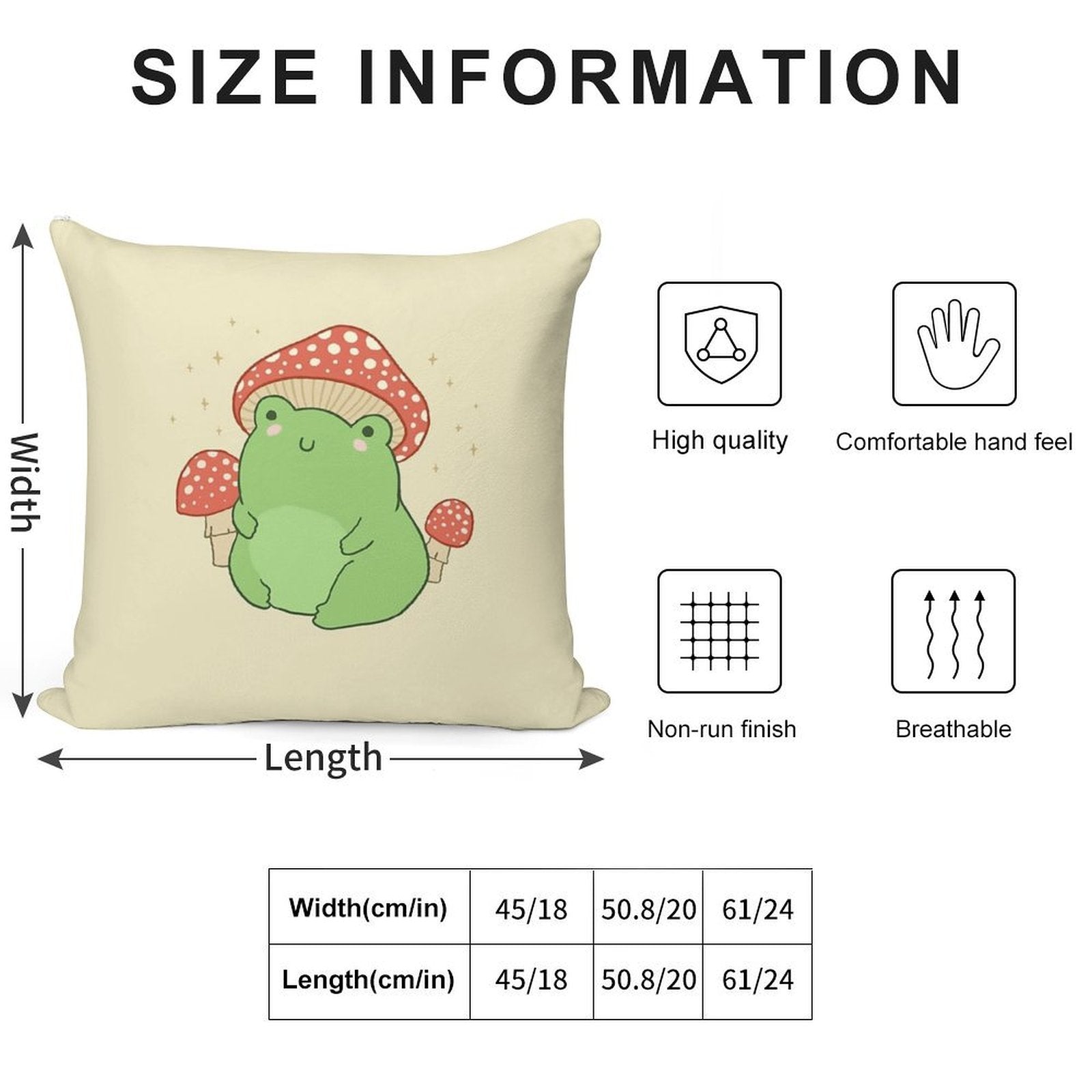 Kawaii Frog with Mushroom Hat Cottagecore Aesthetic Froggy, Chubby Toad in Forest Themed Fantasy Toadstools Soft Hidden Zipper Throw Pillow