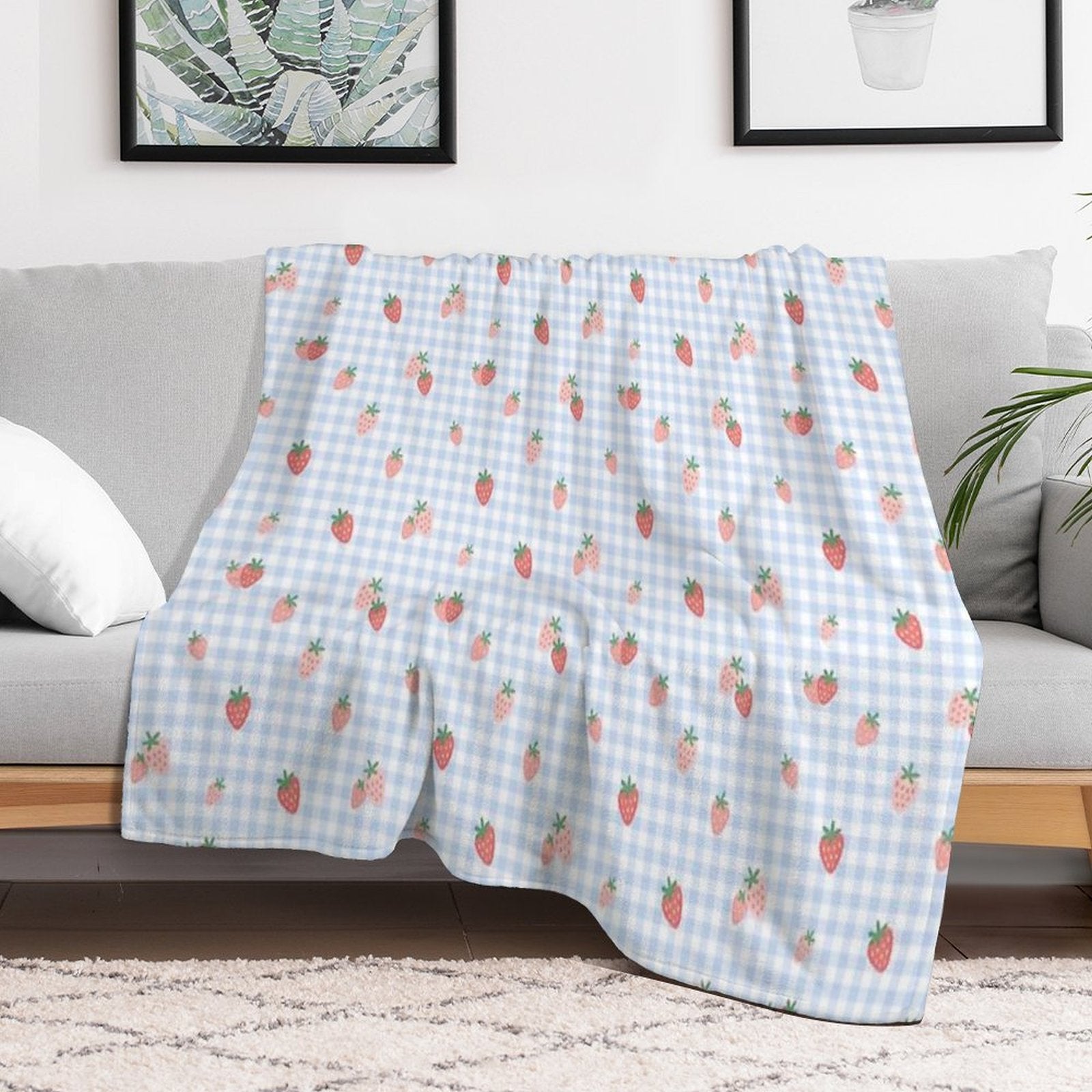 Strawberry Gingham Blue Cottagecore Pattern Plush Throw Blanket