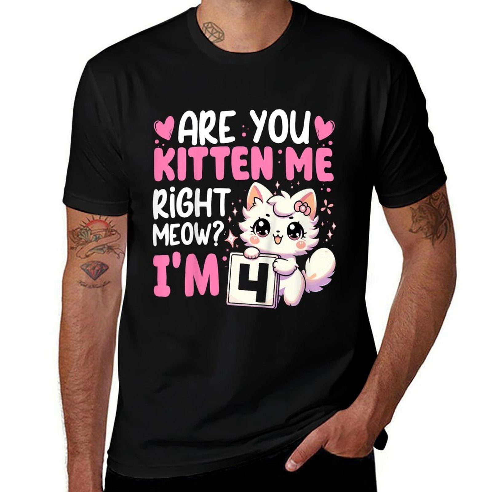 Kids 4th Birthday Girl 4yr Four 4 Year Old Kitten Cat Bday  High-quality Stitching T-Shirt