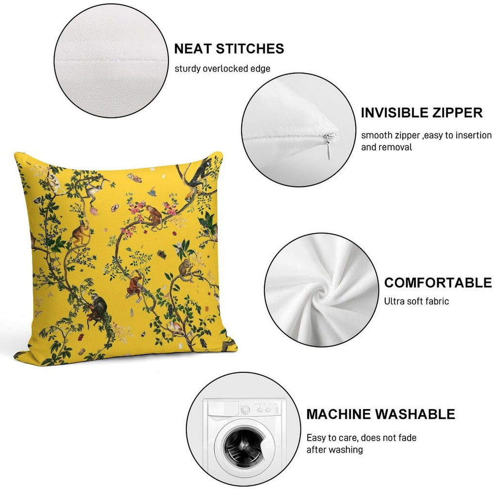 Monkey World Yellow Soft Washable Throw Pillow