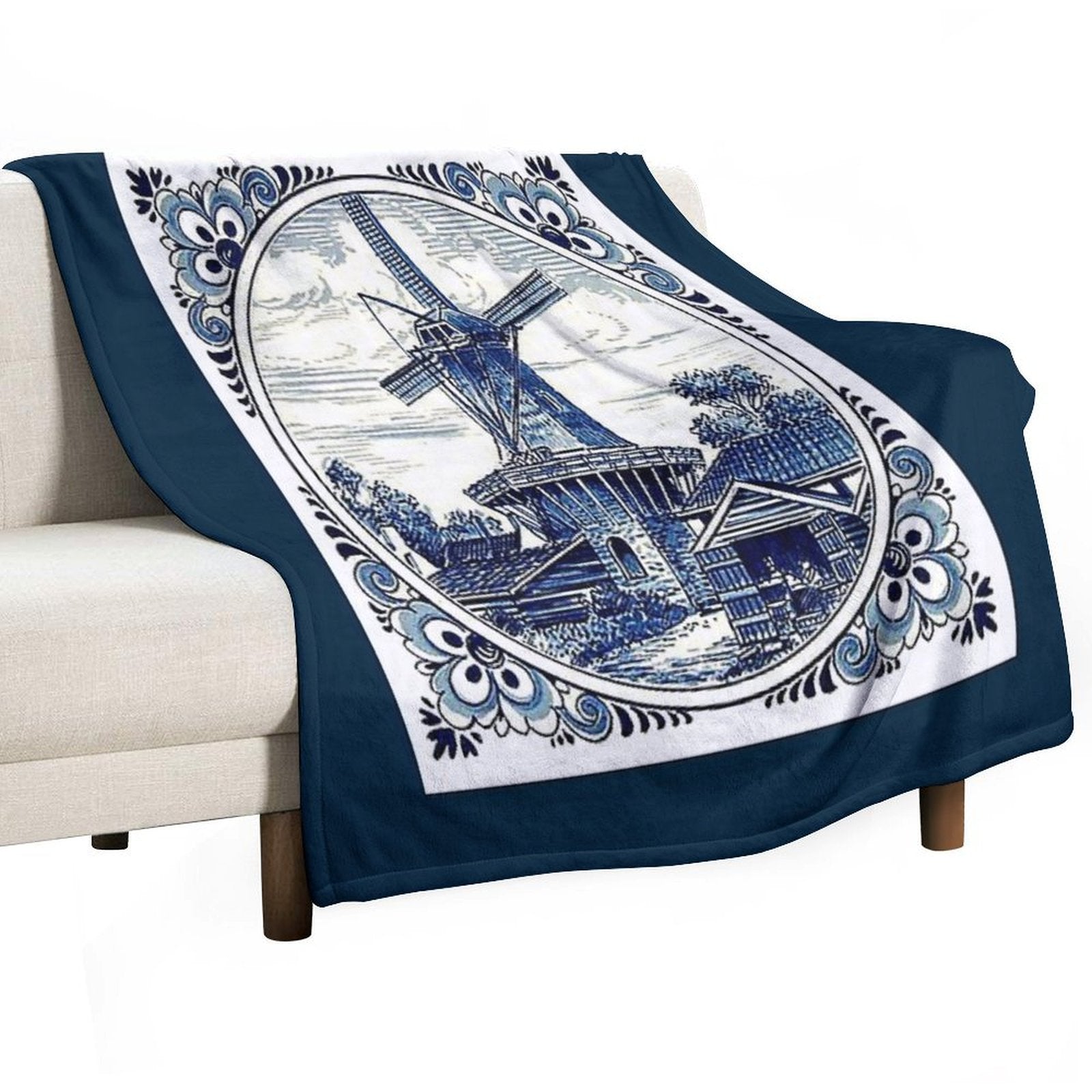 DUTCH BLUE DELFT  Vintage Windmill  Print Sustainable Throw Blanket