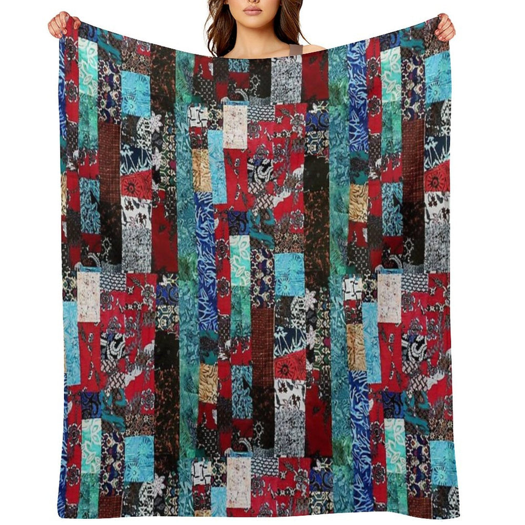 Indonesian Batik Patchwork Red Blue Tone Eco-conscious Throw Blanket
