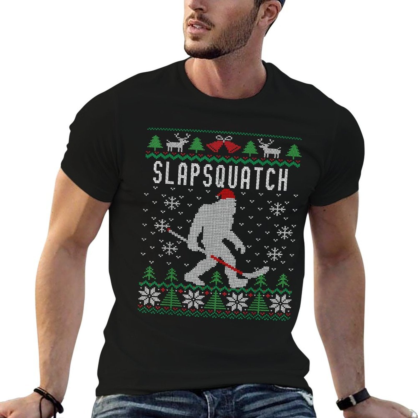 Slapsquatch  Christmas Hockey Sasquatch  Bigfoot  Stretchy T-Shirt
