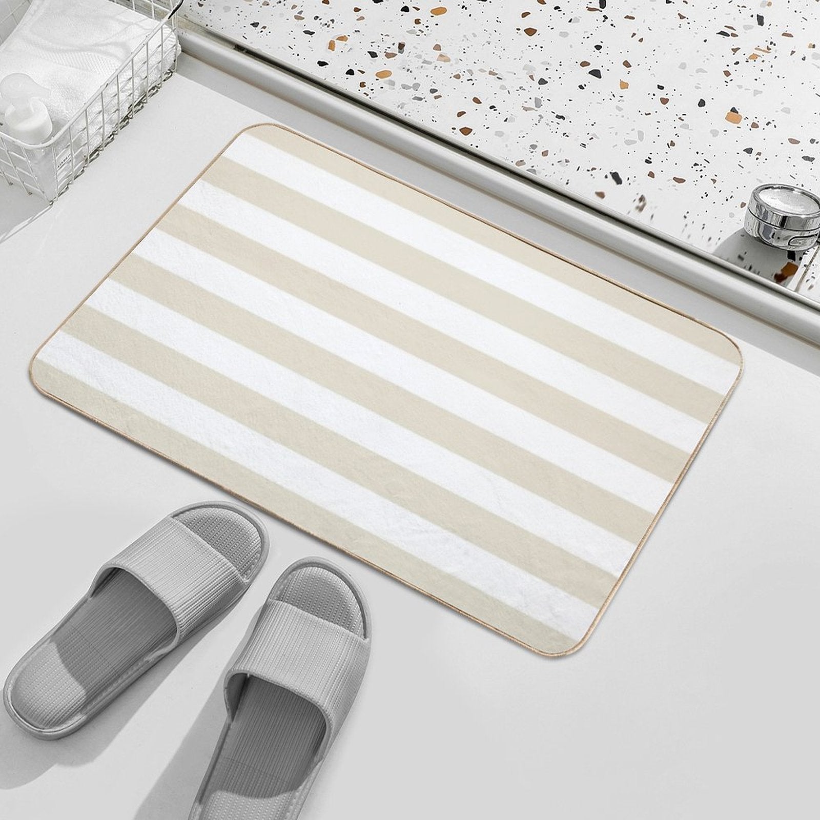 Beige And White Horizontal Stripe Pattern - Hue Coordinates WPantone Baby's Breath 11-0202 2022 Trending Color Durable Bath Mat