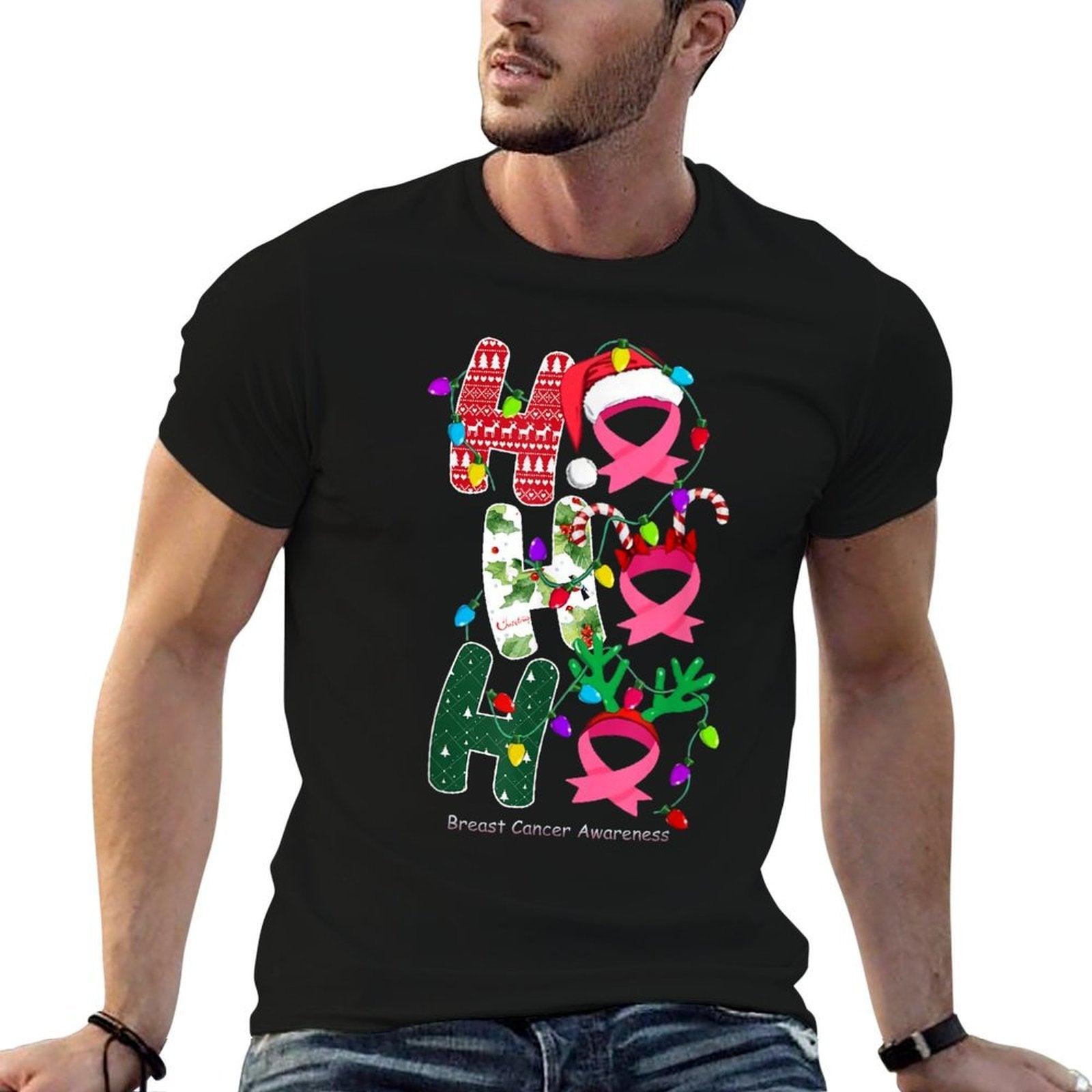 Ho Ho Ho Breast Cancer Awareness for Christmas  Summer-ready Fabric T-Shirt
