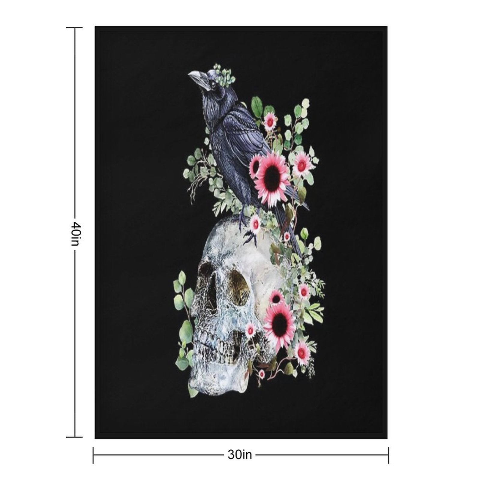 Black Raven with Skull And Leaves Crow, Skeleton Leaves Eucaliptus And Pink Sunflowers Machine-washable Throw Blanket