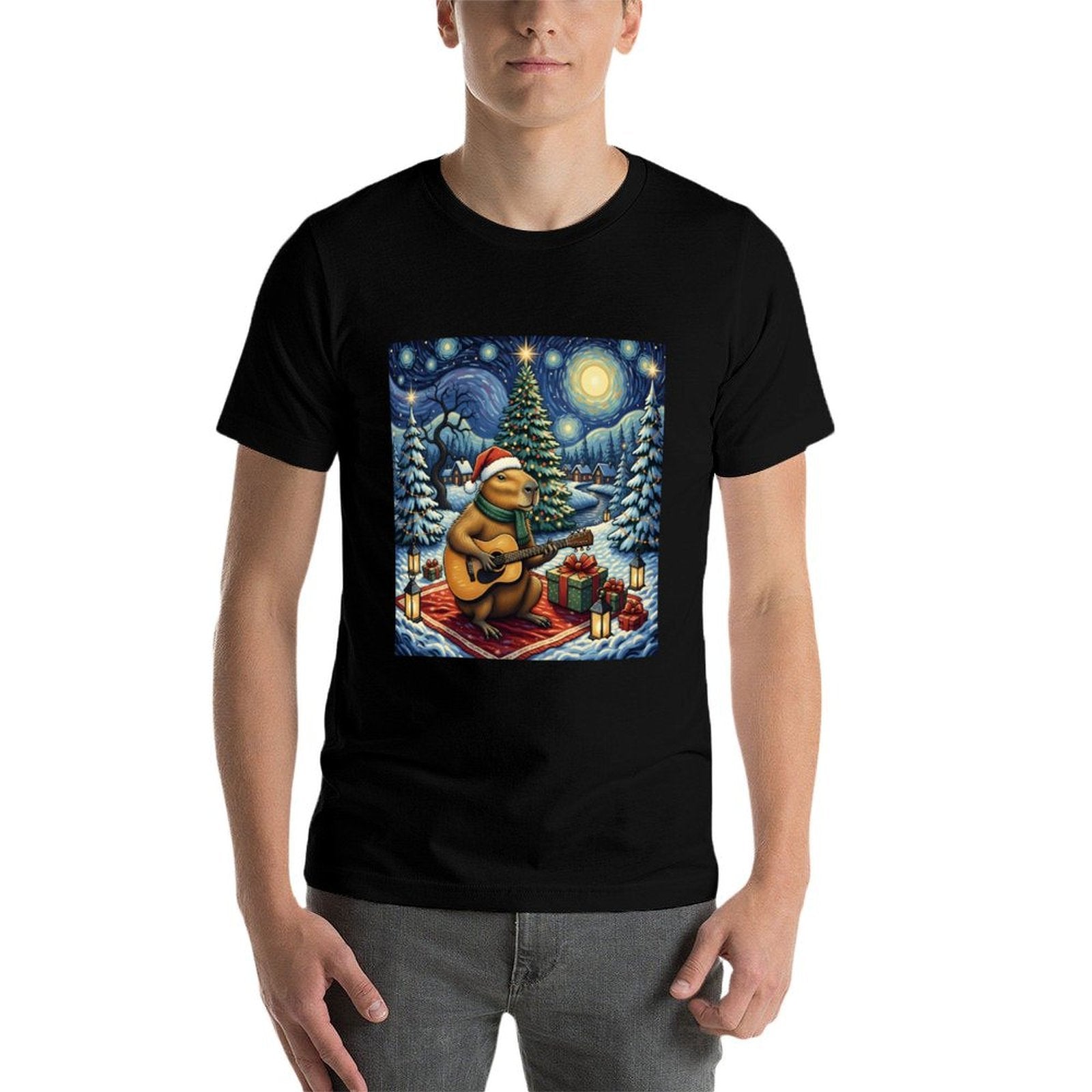 Capybara Playing The Guitar Van Gogh Style Christmas Themed  Relaxed-fit T-Shirt