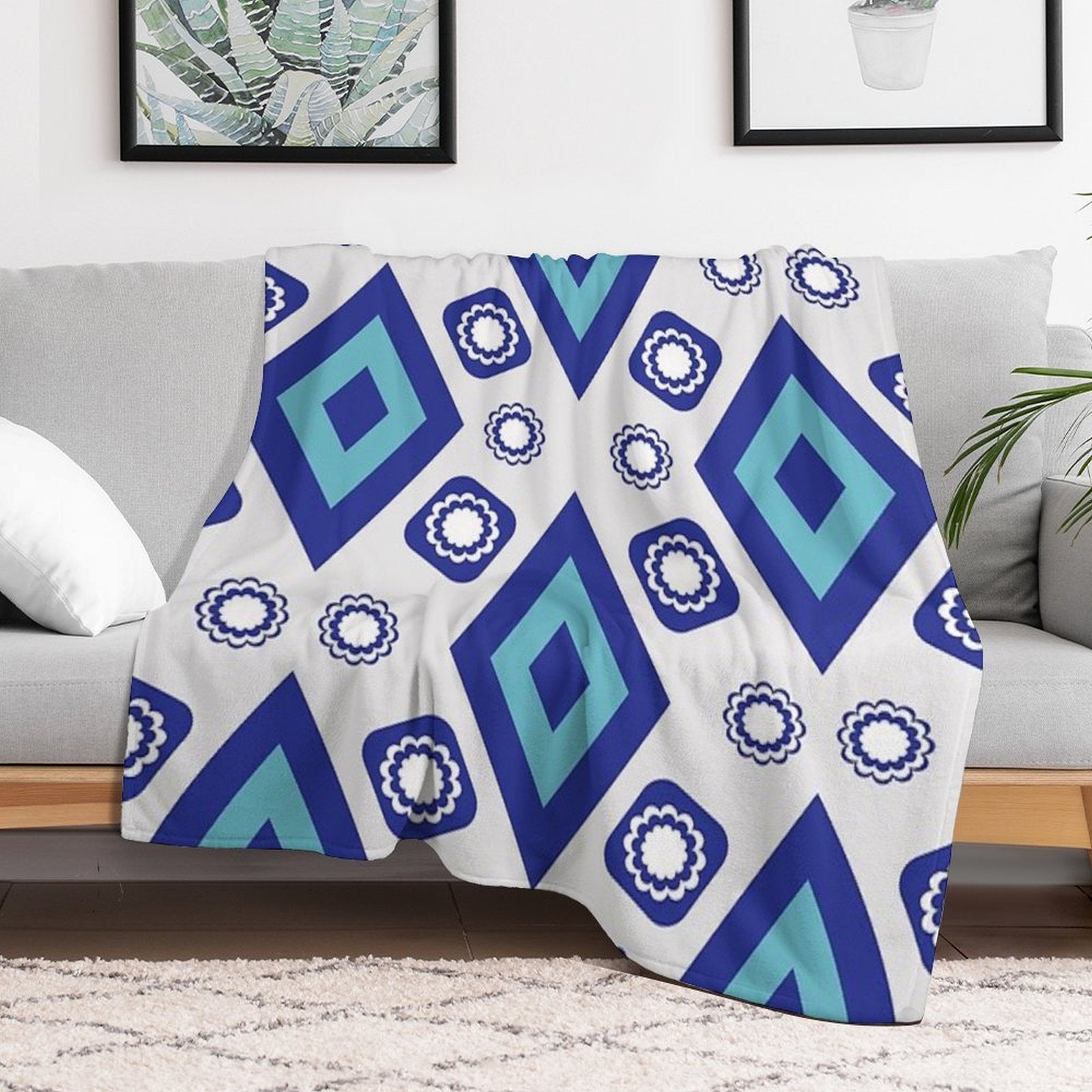 Blue Geometric And Floral Ethnic Pattern Durable Throw Blanket